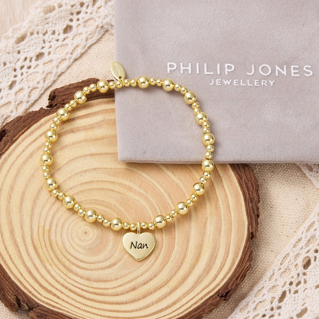 18k Gold Plated Nan Heart Charm Beaded Stretch Bracelet