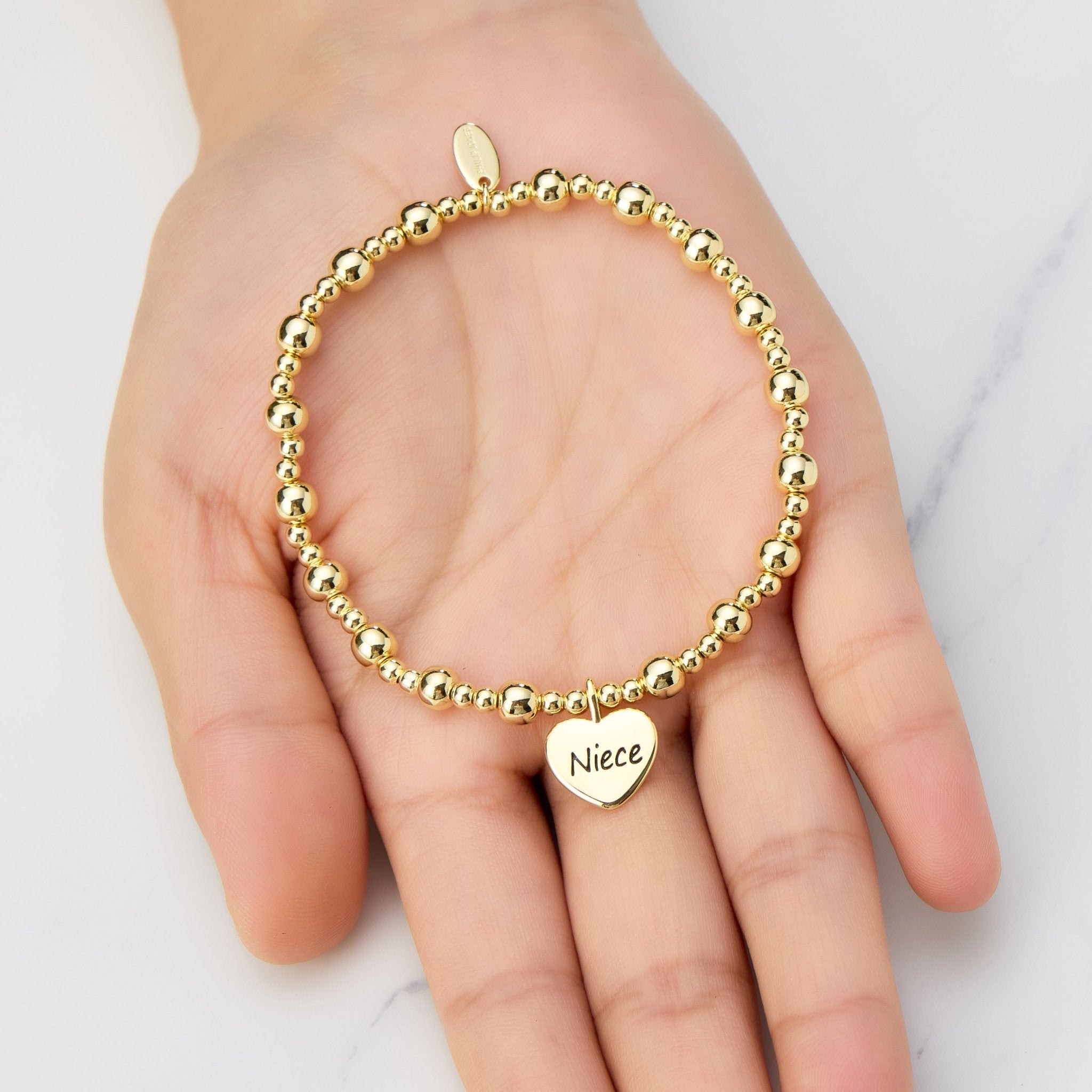 18k Gold Plated Niece Heart Charm Beaded Stretch Bracelet