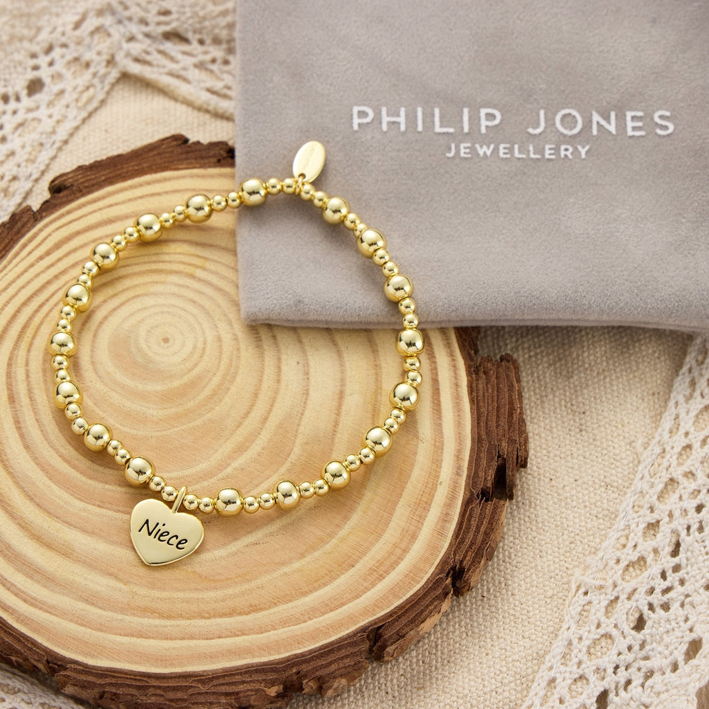 18k Gold Plated Niece Heart Charm Beaded Stretch Bracelet