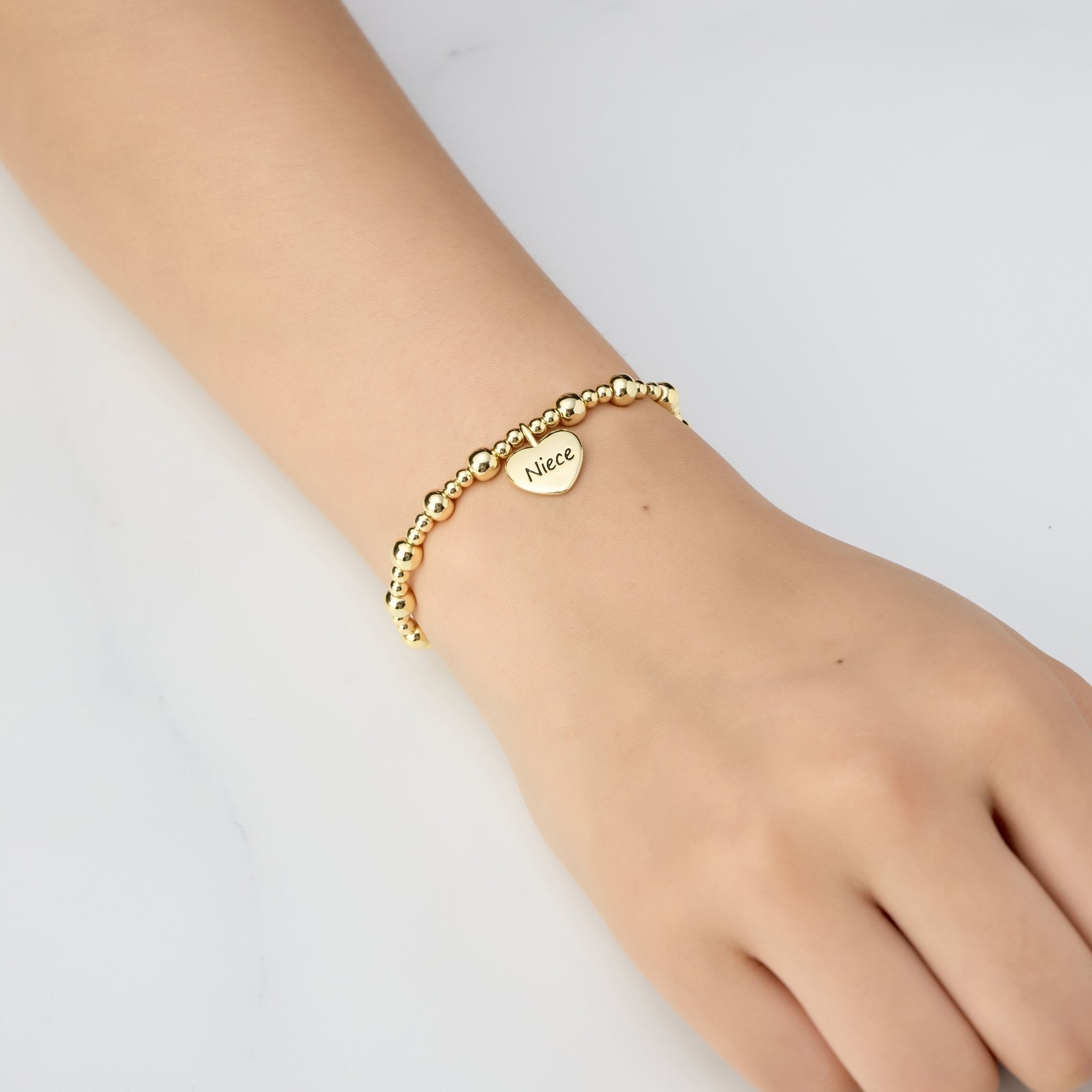 18k Gold Plated Niece Heart Charm Beaded Stretch Bracelet