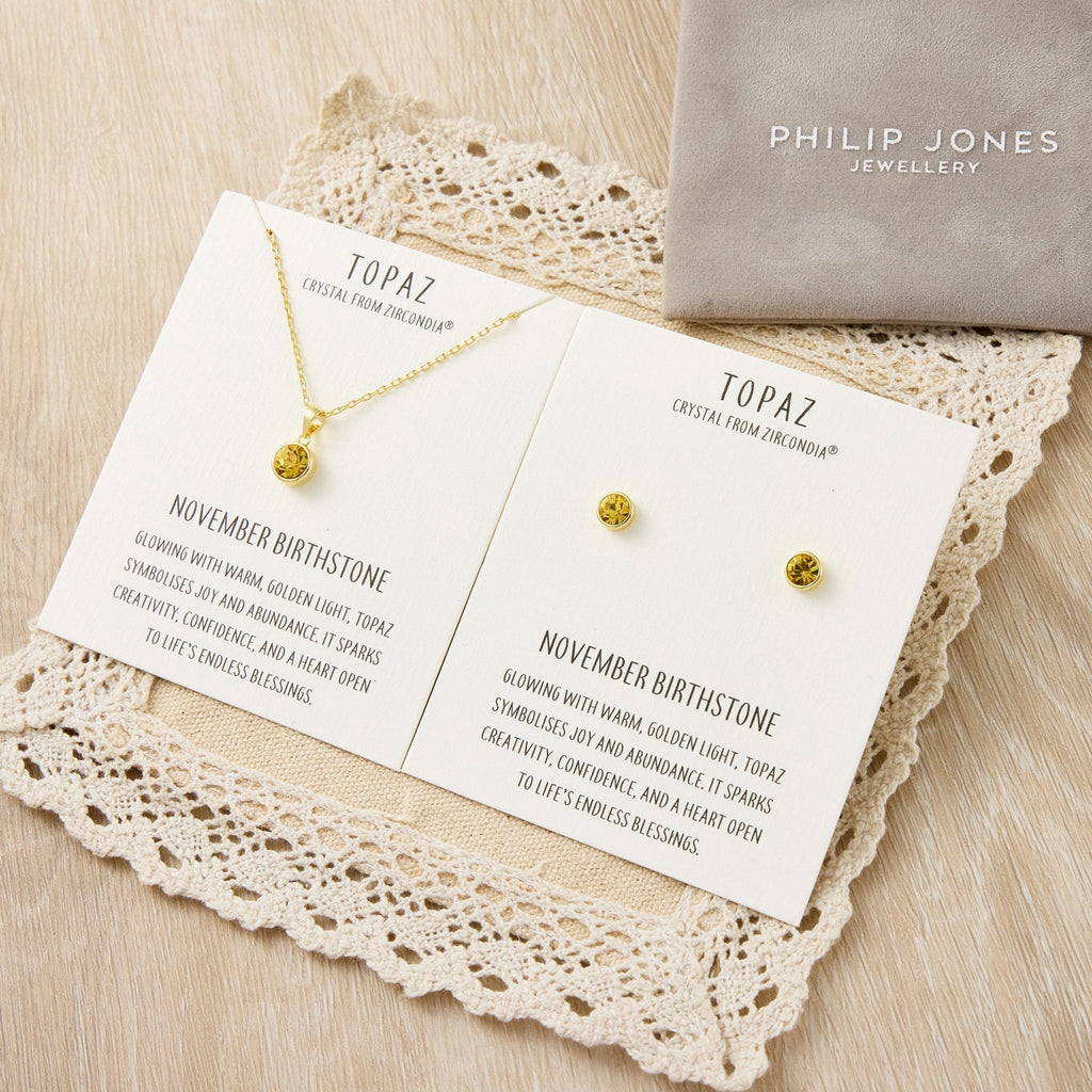 18k Gold Plated November (Topaz) Birthstone Necklace & Earrings Set Created with Zircondia® Crystals