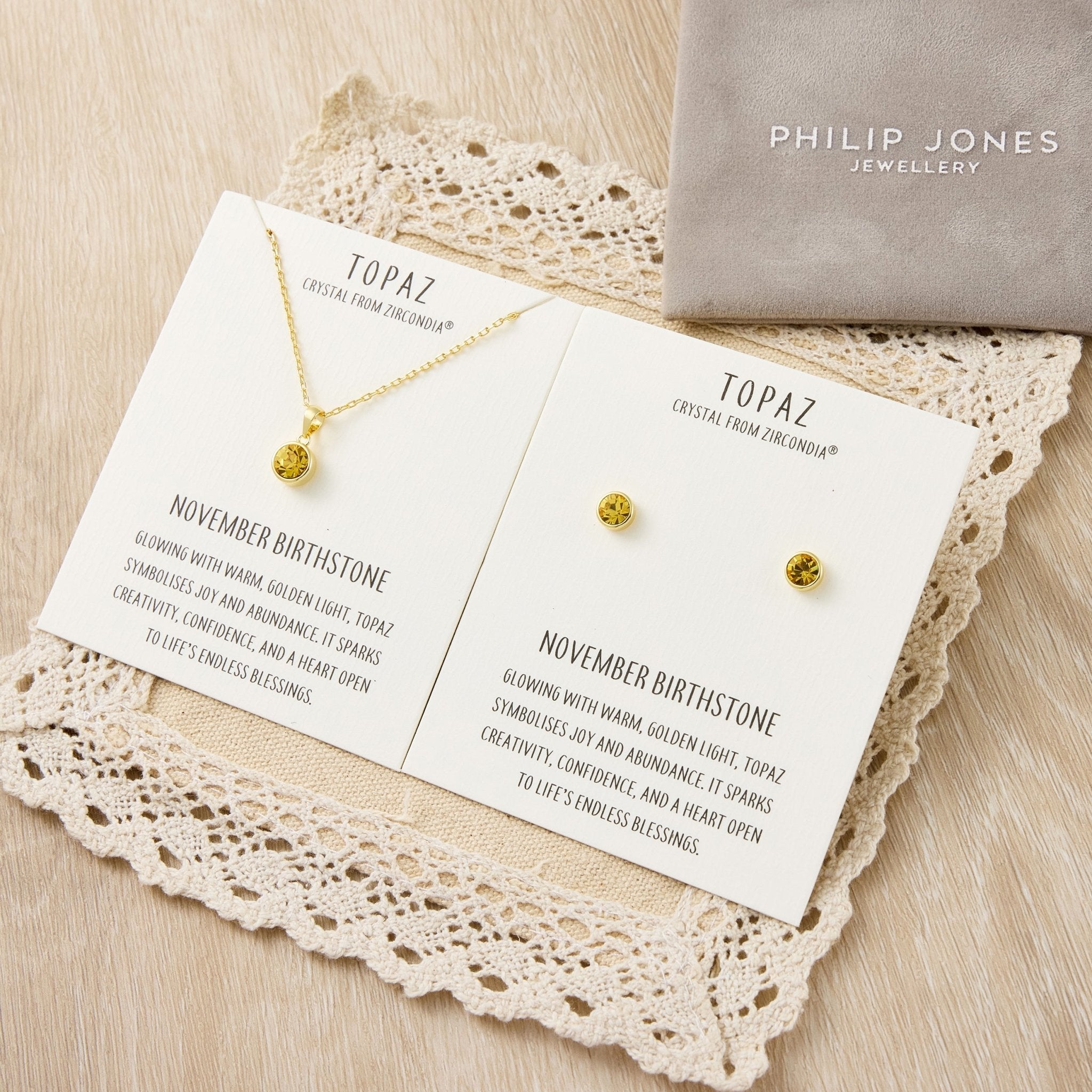 18k Gold Plated November (Topaz) Birthstone Necklace & Earrings Set Created with Zircondia® Crystals