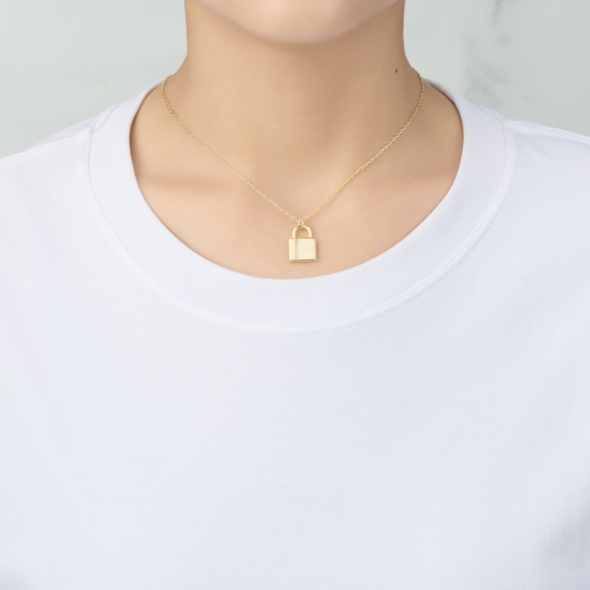 18k Gold Plated Padlock Necklace Created with Zircondia® Crystals