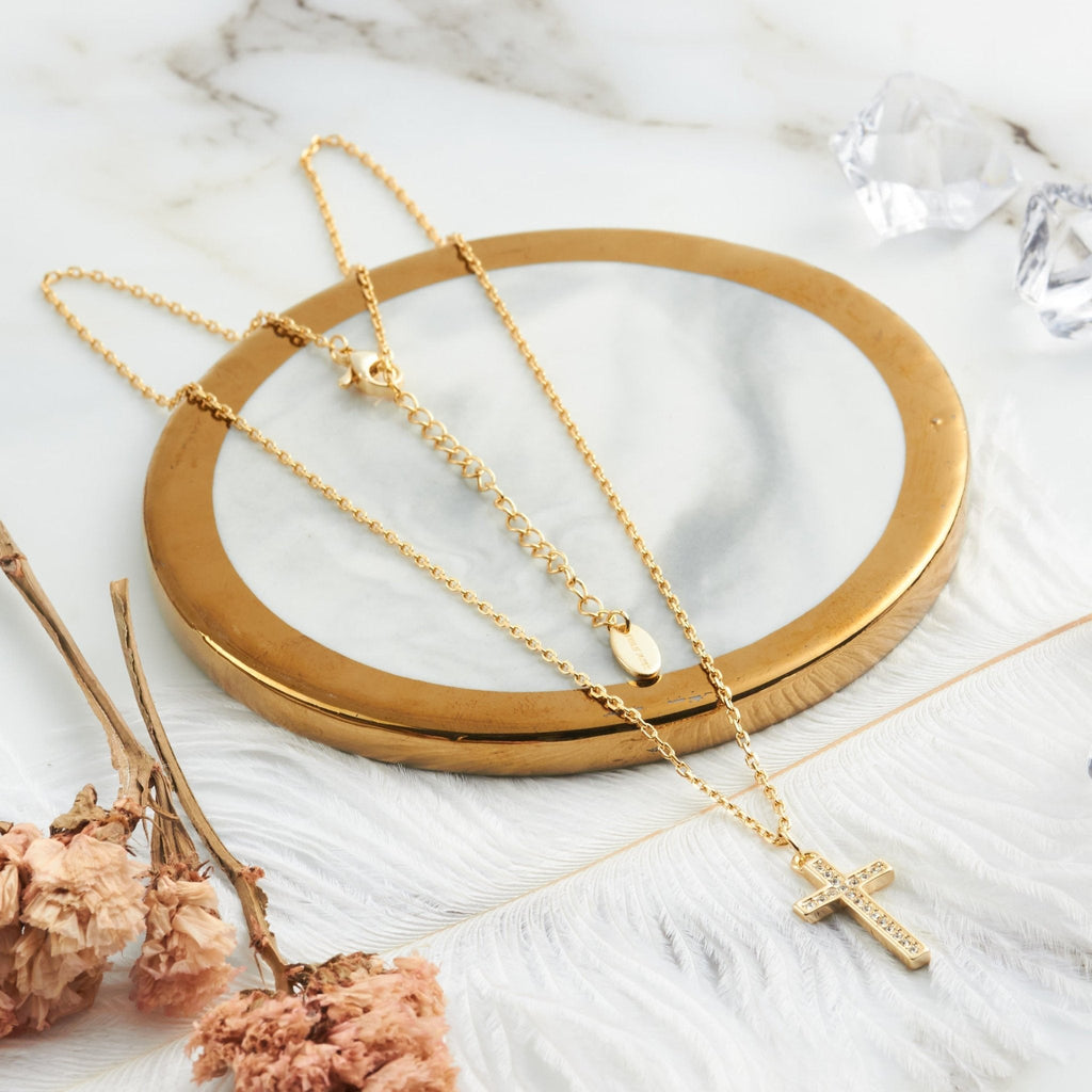 18k Gold Plated Pave Crystal Cross Necklace Created with Zircondia® Crystals