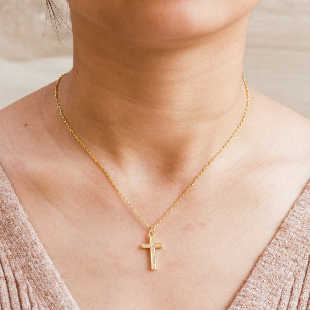 18k Gold Plated Pave Crystal Cross Necklace Created with Zircondia® Crystals