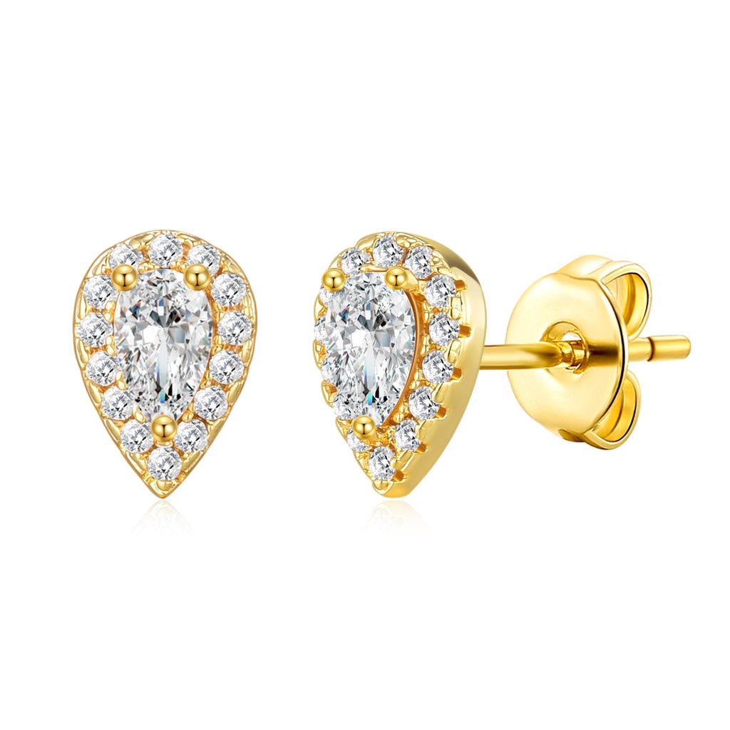 18k Gold Plated Pear Halo Earrings Created with Zircondia® Crystals