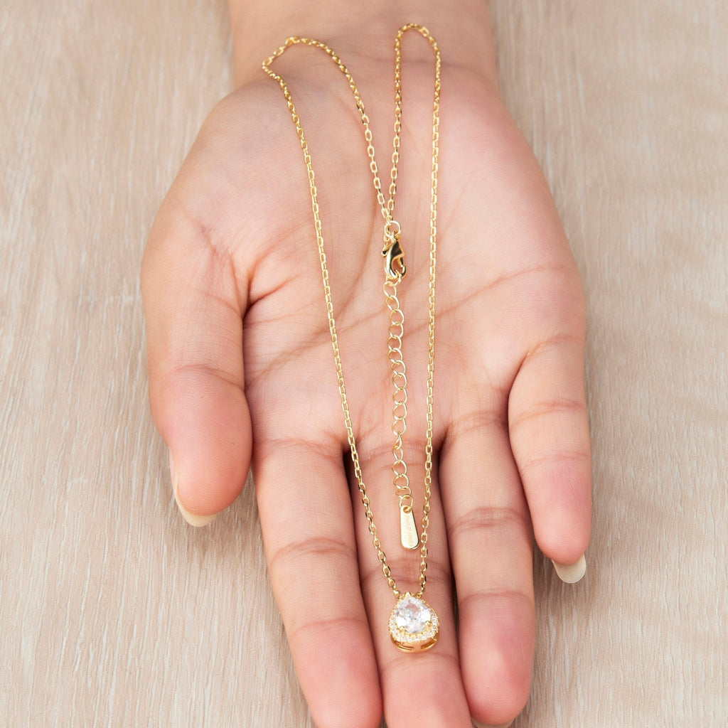 18k Gold Plated Pear Halo Necklace Created with Zircondia® Crystals