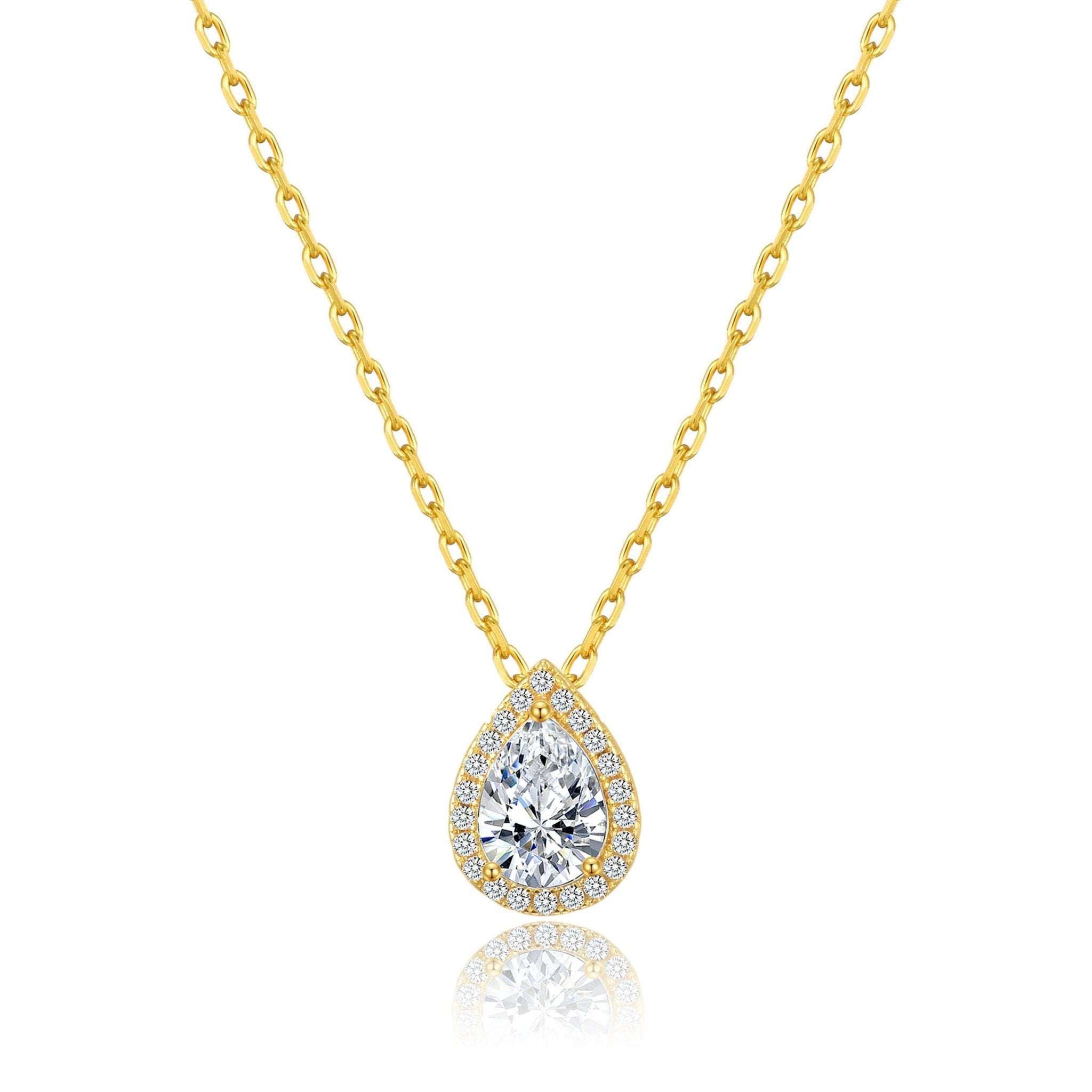 18k Gold Plated Pear Halo Necklace Created with Zircondia® Crystals