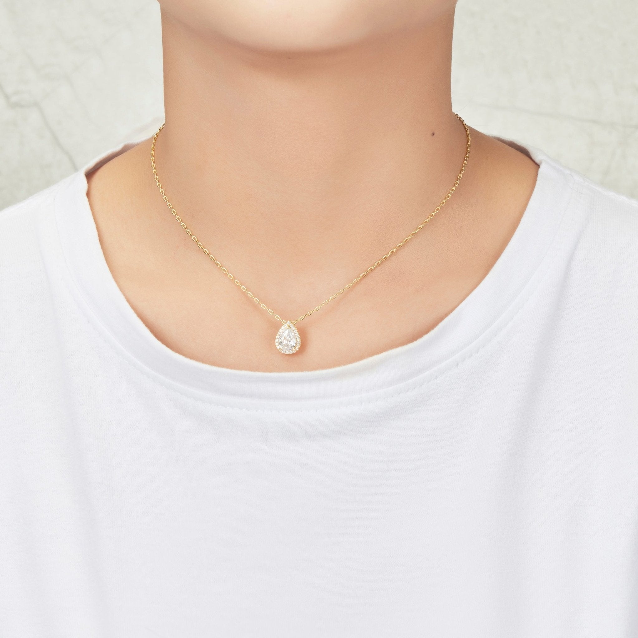 18k Gold Plated Pear Halo Necklace Created with Zircondia® Crystals