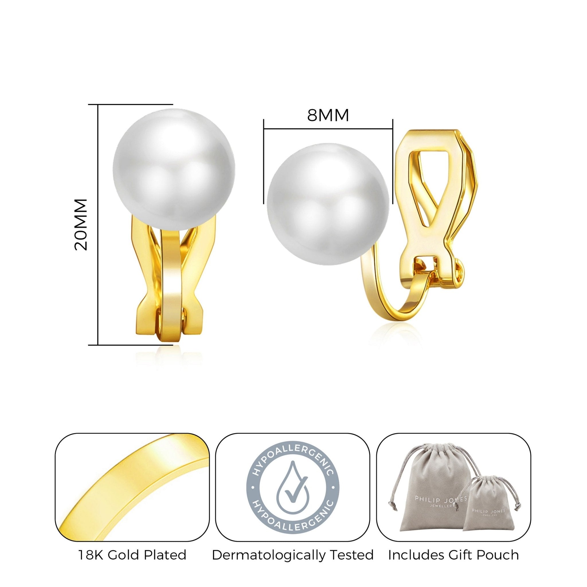 18k Gold Plated Pearl Clip On Earrings