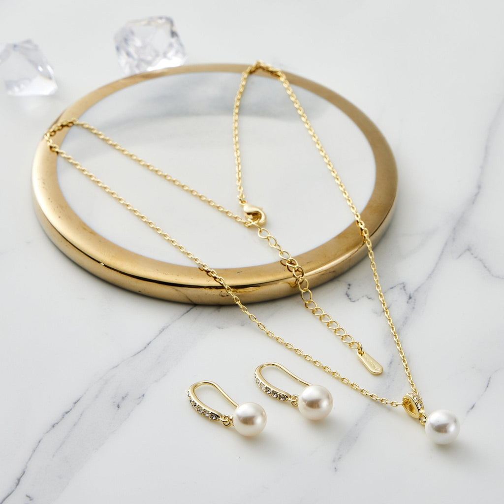 18k Gold Plated Pearl Drop Set Created with Zircondia® Crystals