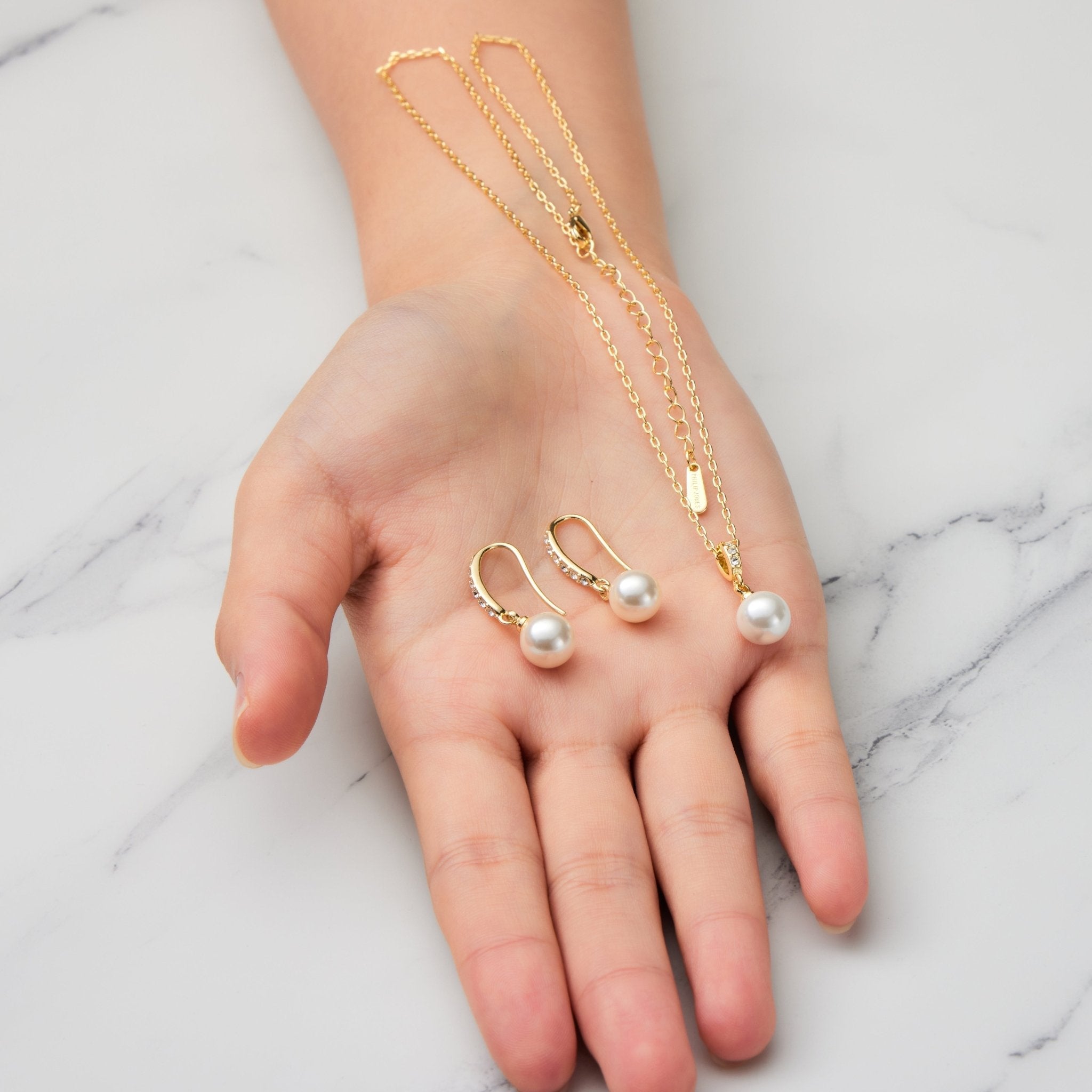 18k Gold Plated Pearl Drop Set Created with Zircondia® Crystals