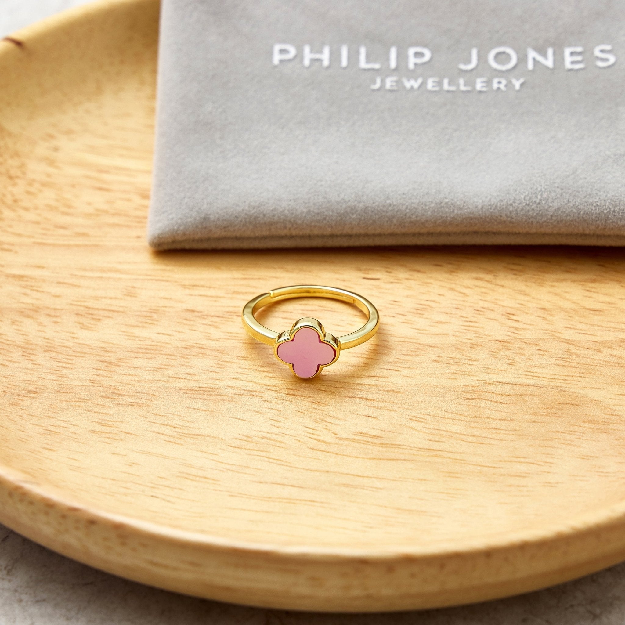 18k Gold Plated Pink Mother of Pearl Gemstone Adjustable Clover Ring