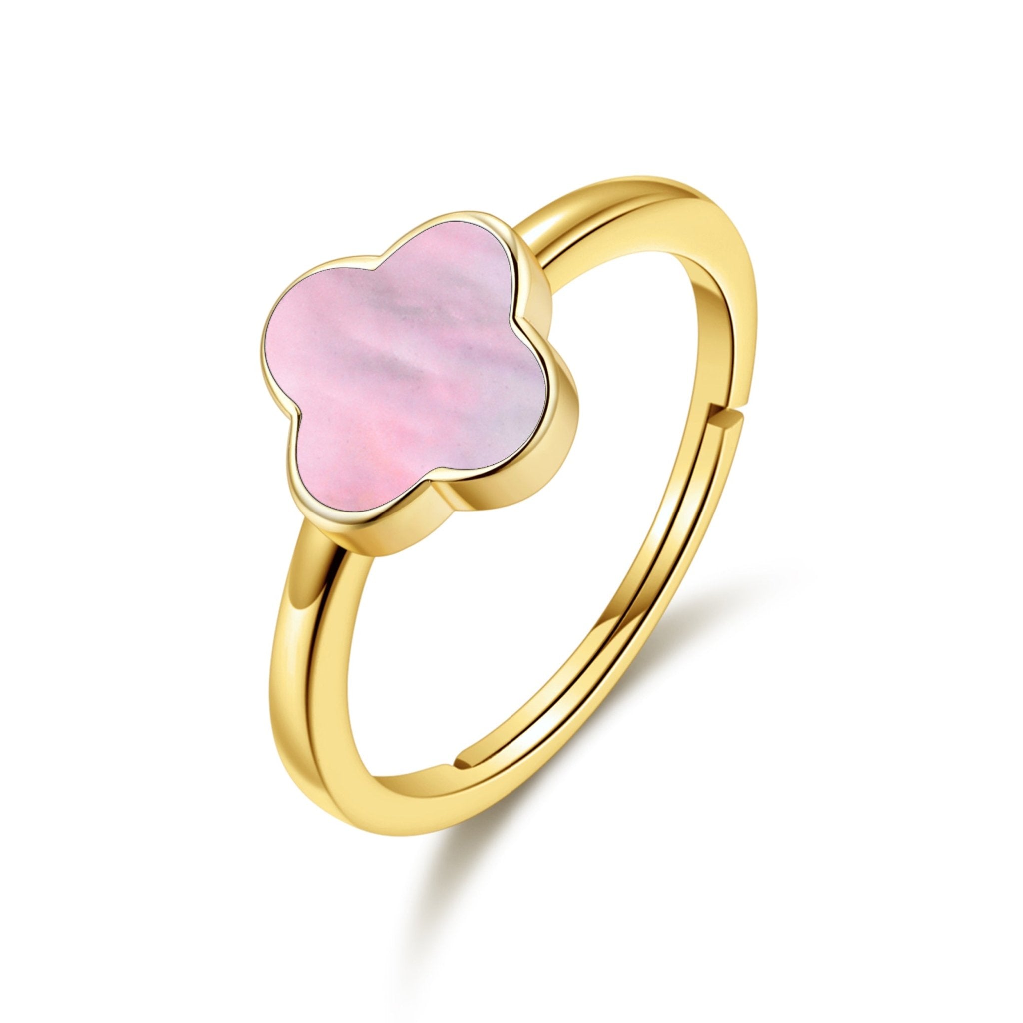 18k Gold Plated Pink Mother of Pearl Gemstone Adjustable Clover Ring