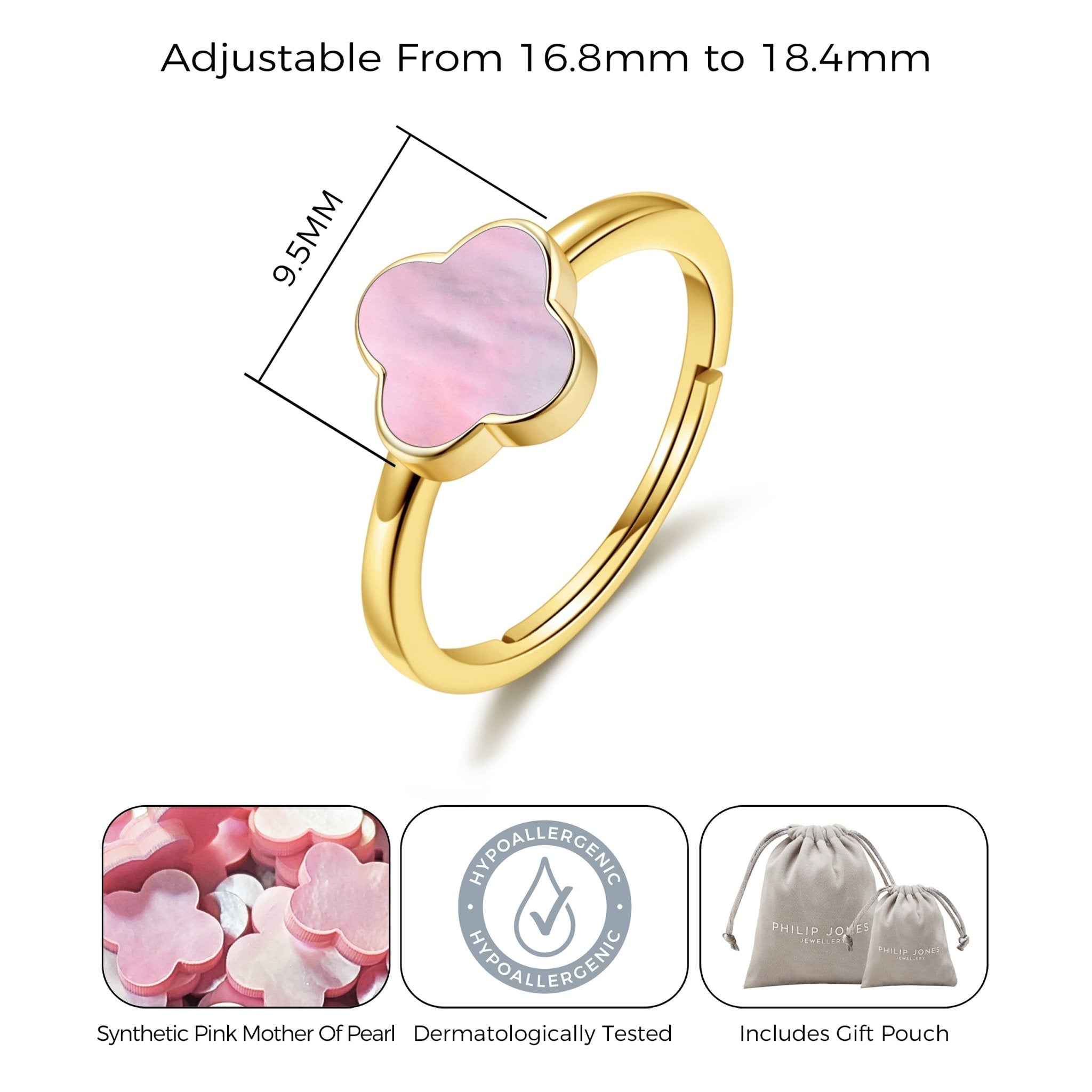 18k Gold Plated Pink Mother of Pearl Gemstone Adjustable Clover Ring