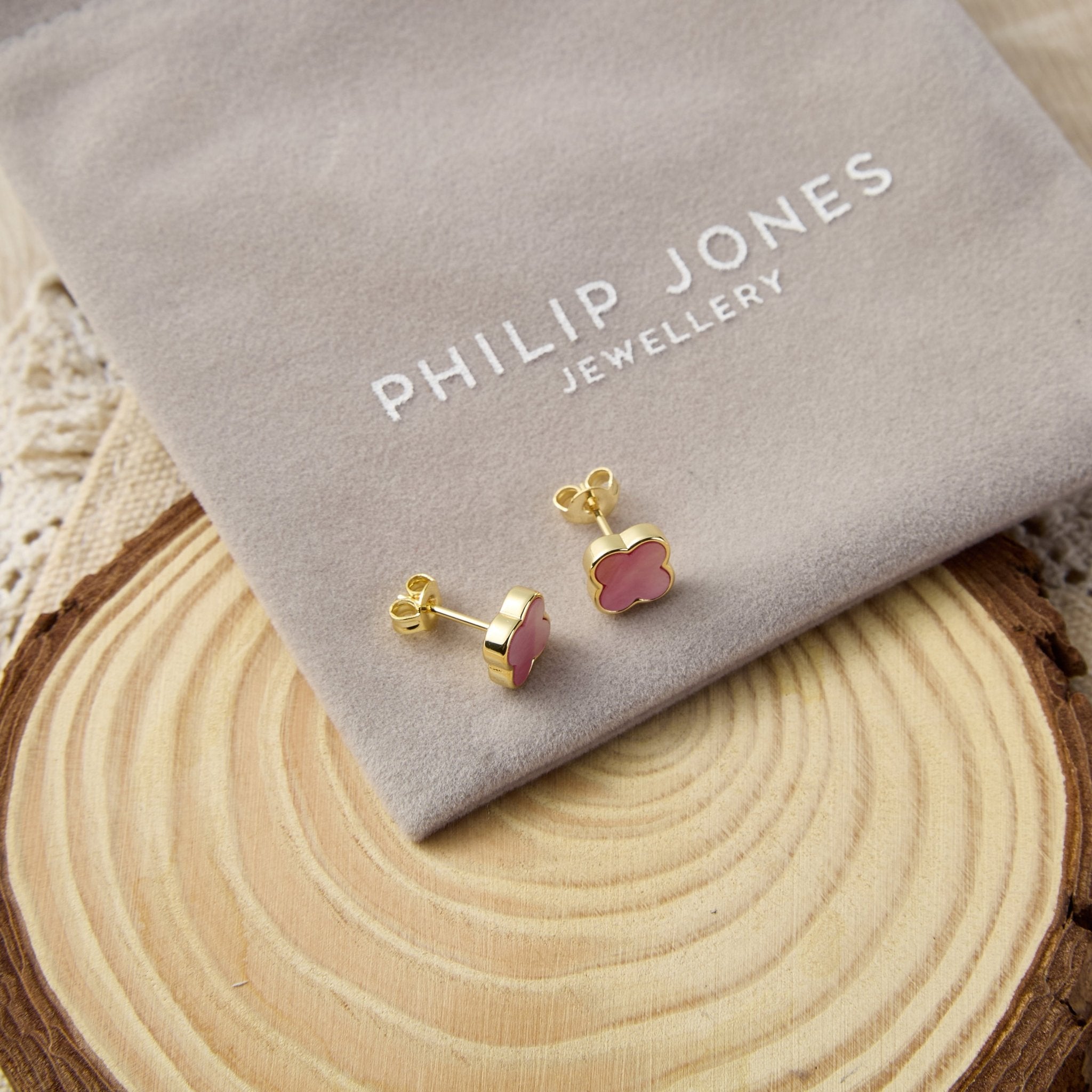 18k Gold Plated Pink Mother of Pearl Gemstone Clover Earrings