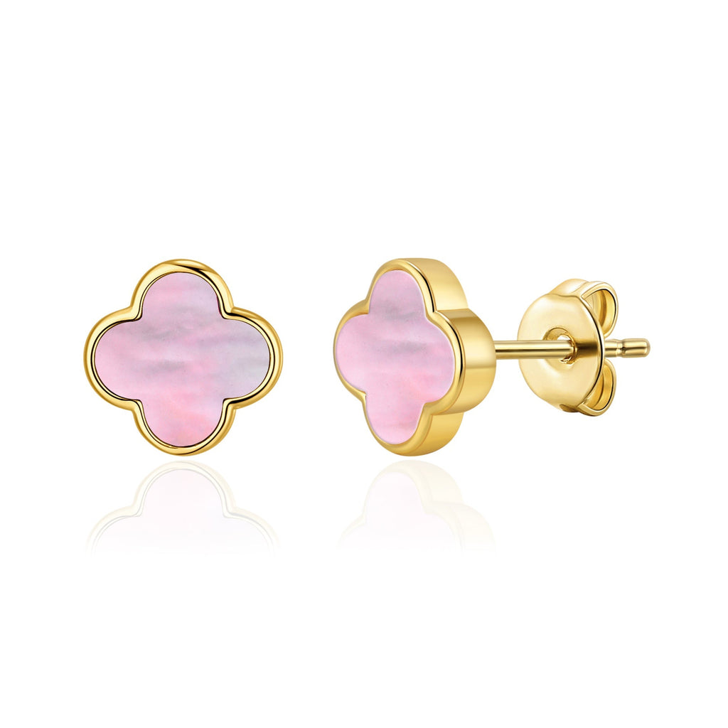 18k Gold Plated Pink Mother of Pearl Gemstone Clover Earrings