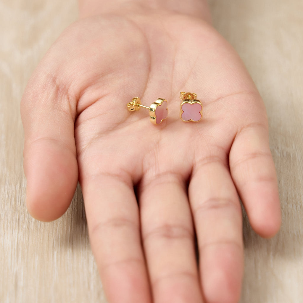 18k Gold Plated Pink Mother of Pearl Gemstone Clover Earrings