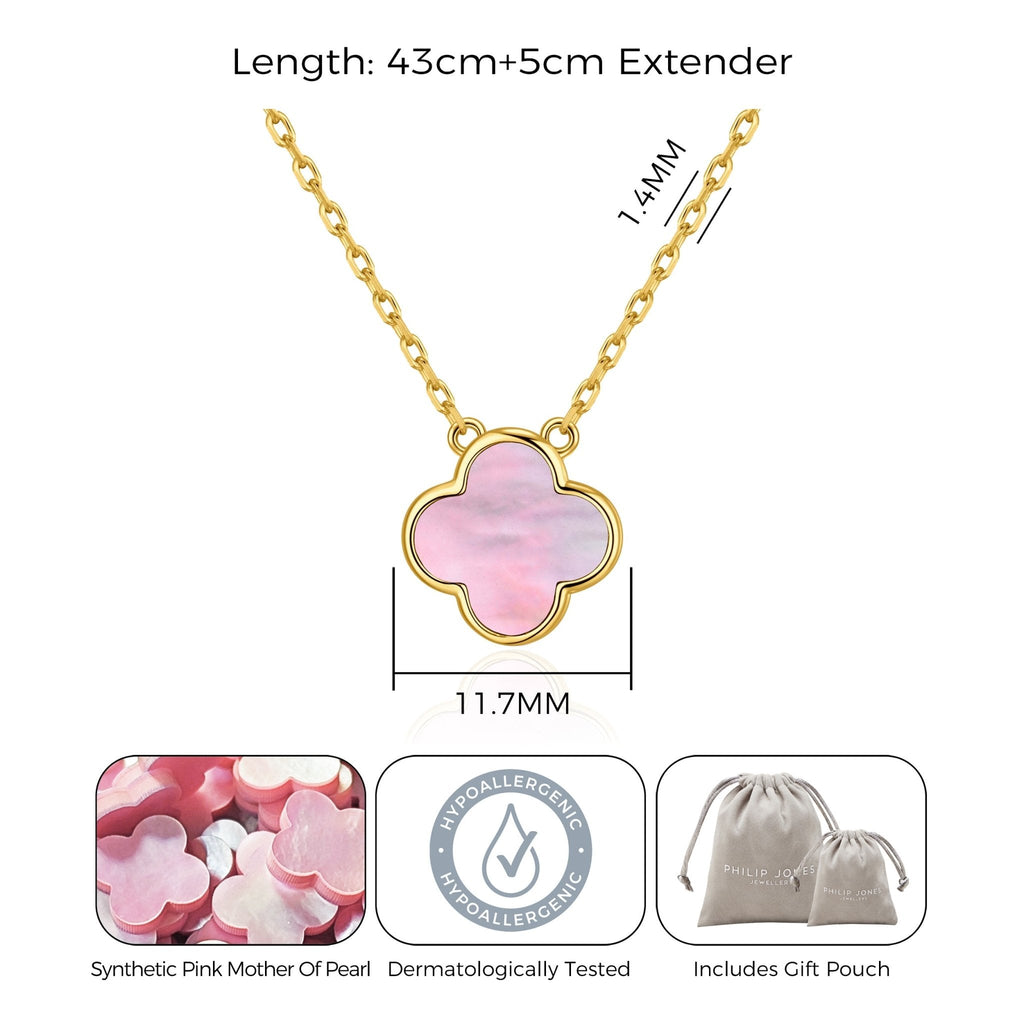 18k Gold Plated Pink Mother of Pearl Gemstone Clover Necklace