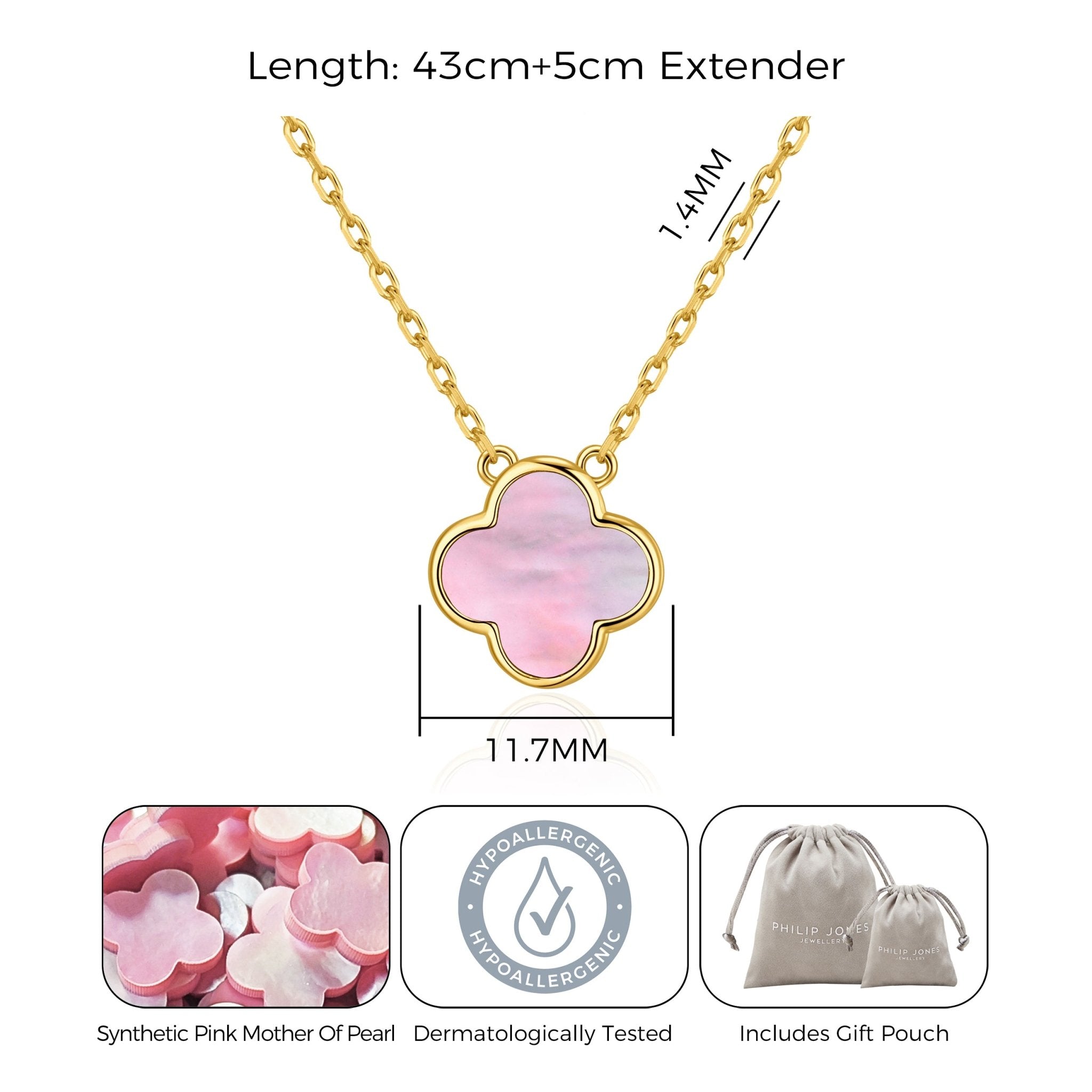 18k Gold Plated Pink Mother of Pearl Gemstone Clover Necklace