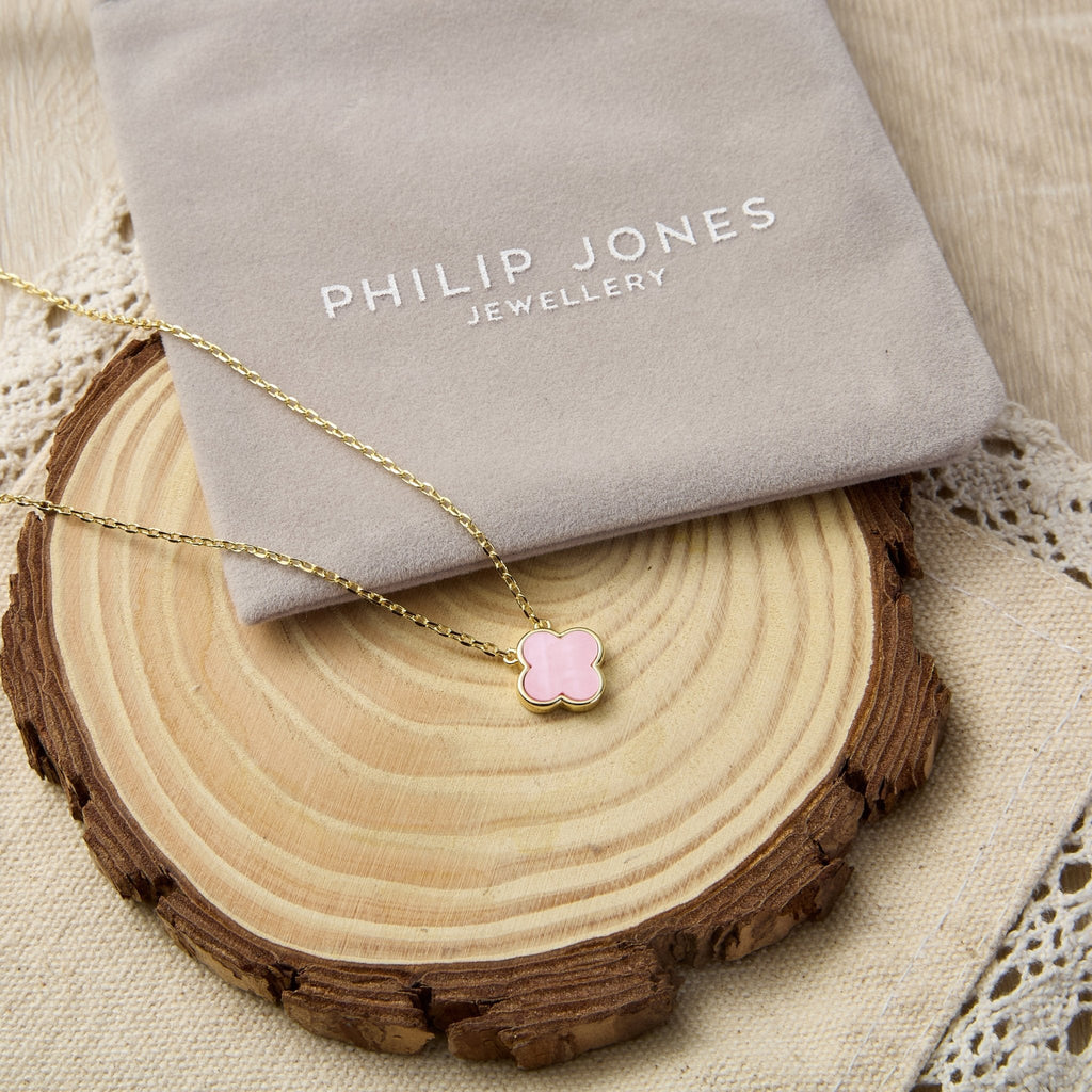 18k Gold Plated Pink Mother of Pearl Gemstone Clover Necklace