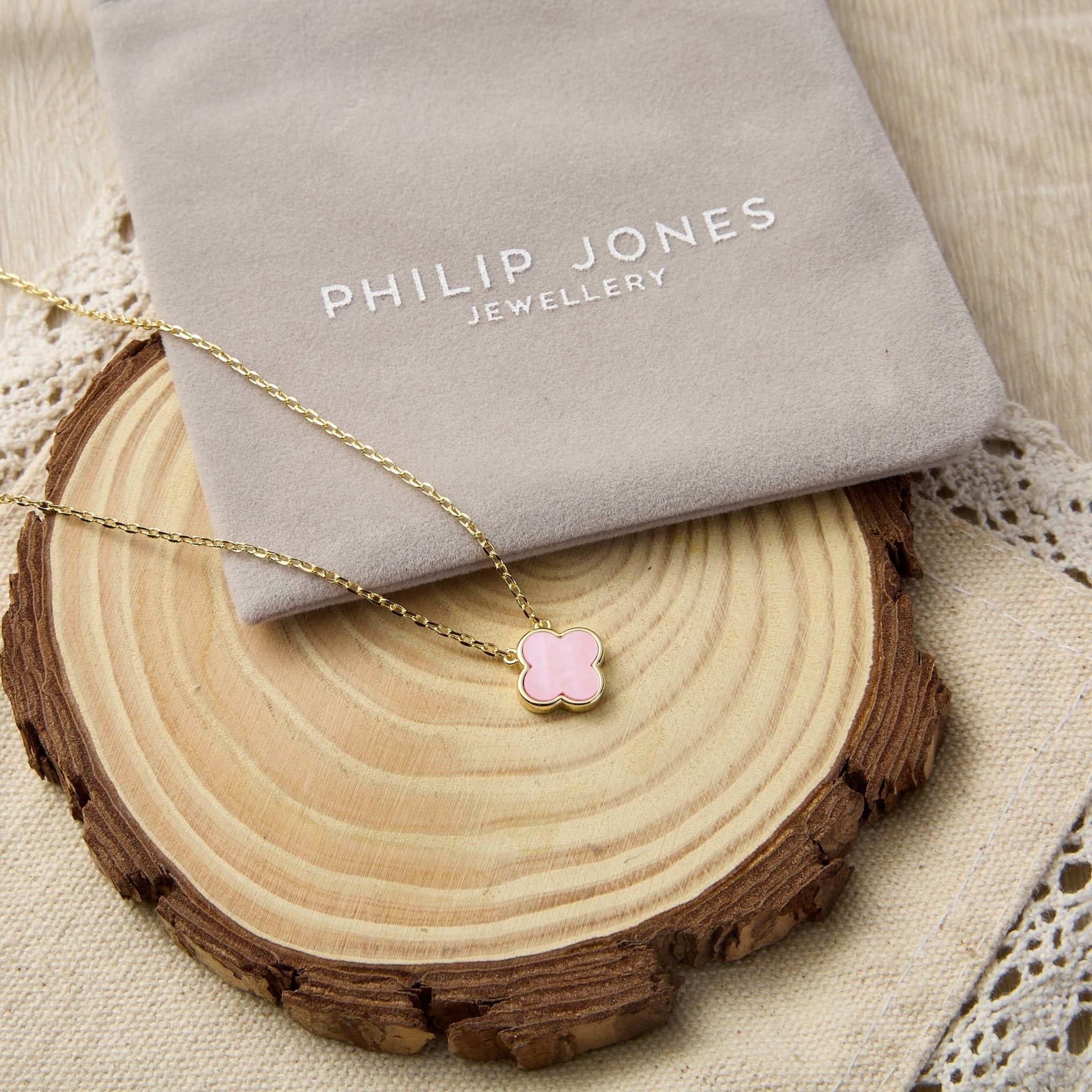 18k Gold Plated Pink Mother of Pearl Gemstone Clover Necklace