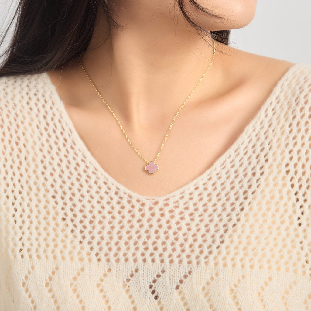 18k Gold Plated Pink Mother of Pearl Gemstone Clover Necklace