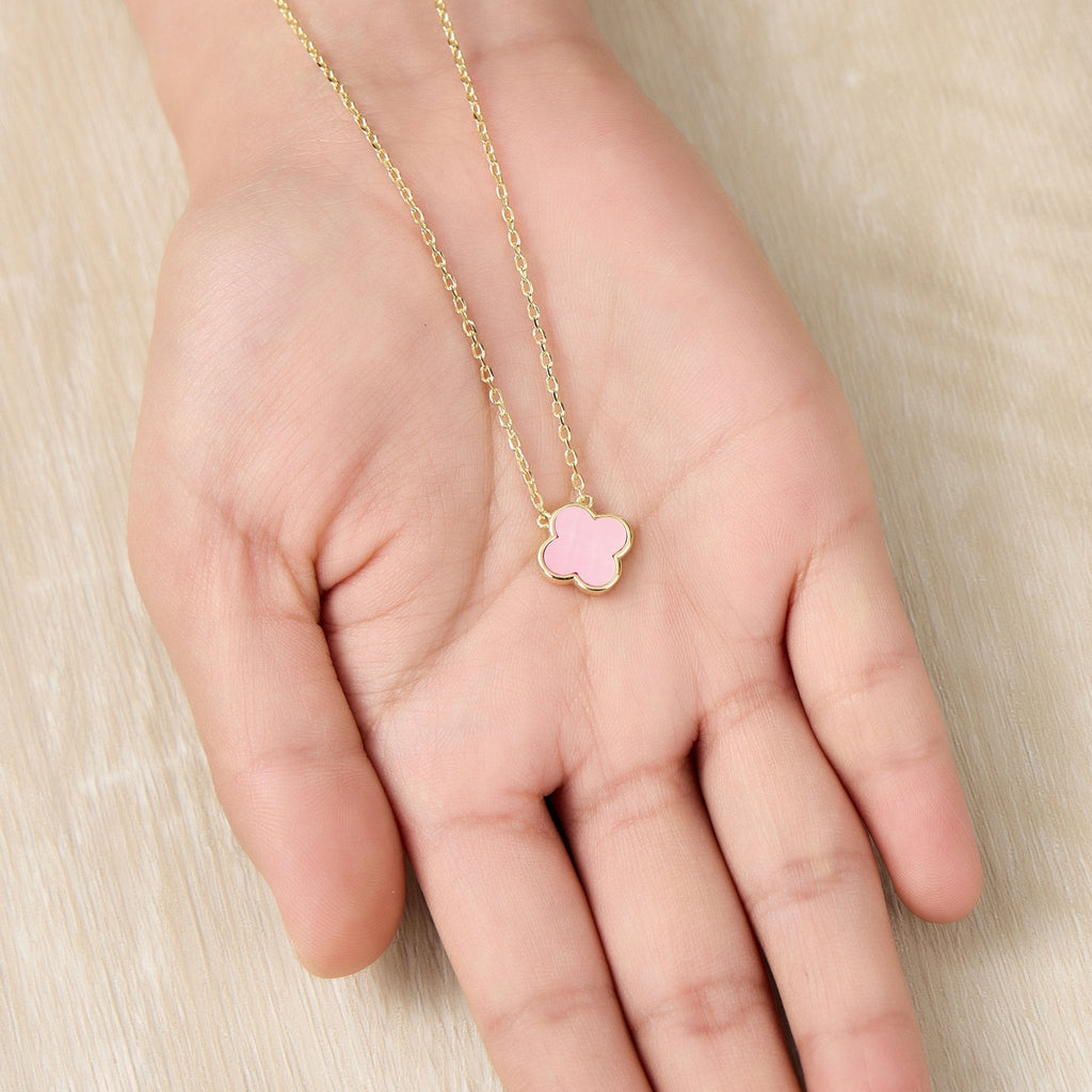 18k Gold Plated Pink Mother of Pearl Gemstone Clover Necklace