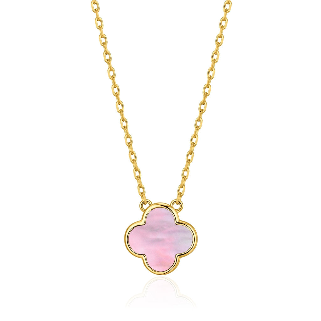 18k Gold Plated Pink Mother of Pearl Gemstone Clover Necklace