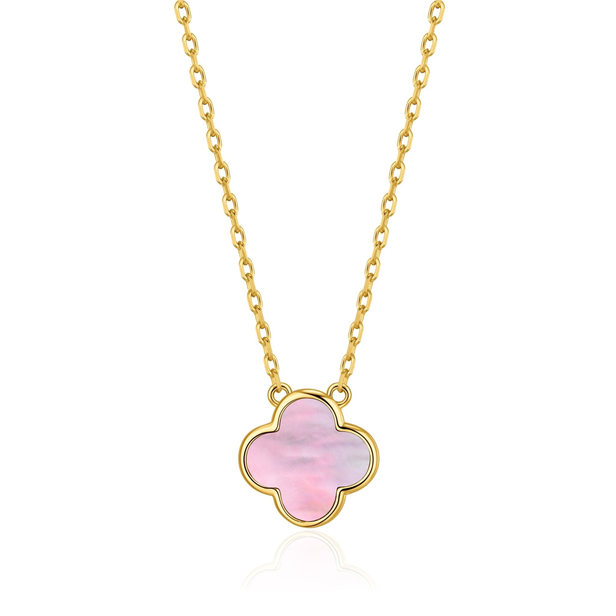 18k Gold Plated Pink Mother of Pearl Gemstone Clover Necklace