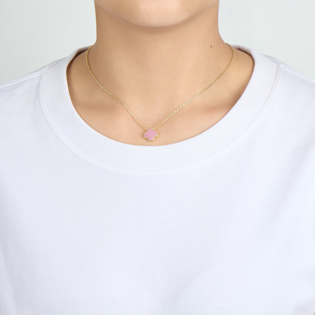 18k Gold Plated Pink Mother of Pearl Gemstone Clover Necklace