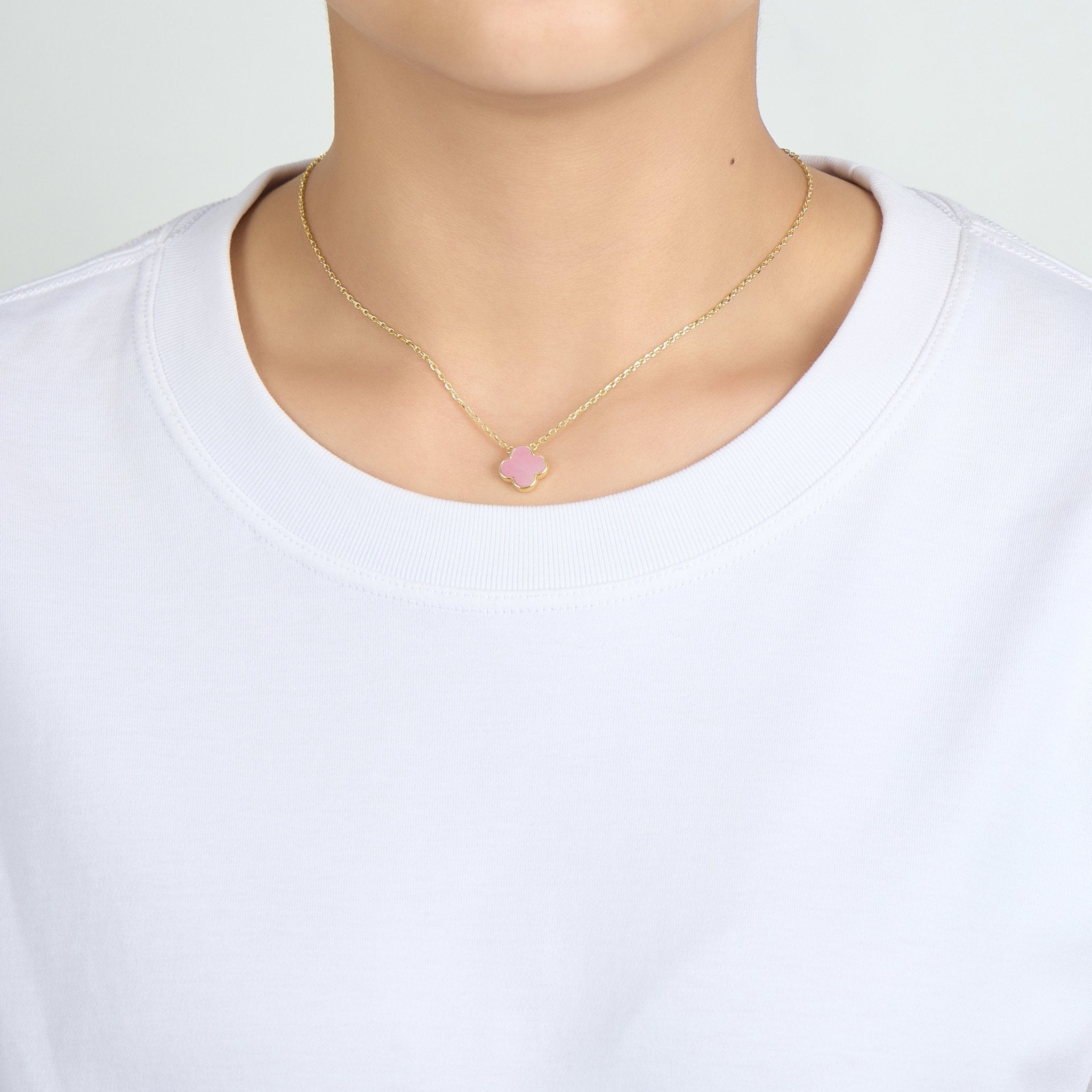 18k Gold Plated Pink Mother of Pearl Gemstone Clover Necklace