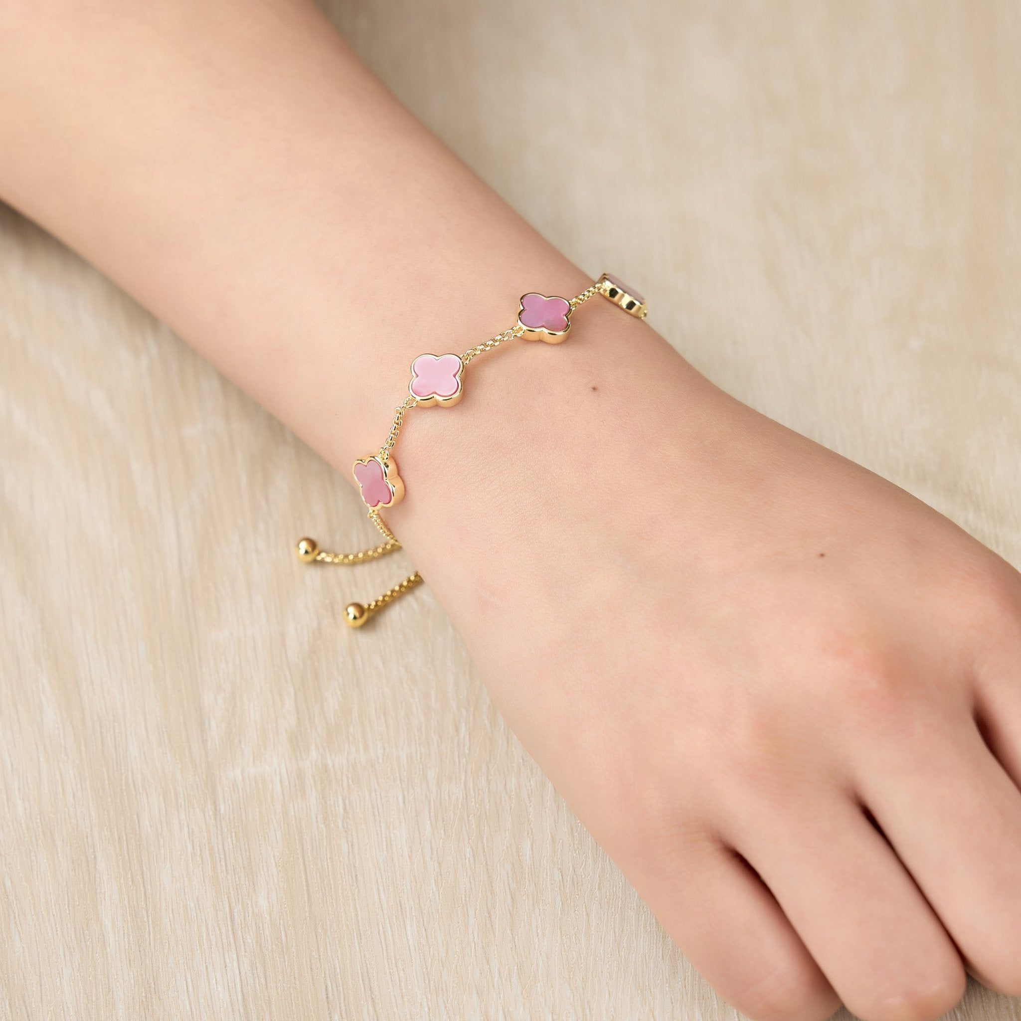 18k Gold Plated Pink Mother Of Pearl Multi Clover Friendship Slider Bracelet