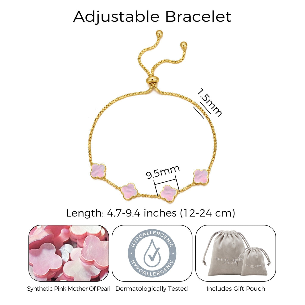 18k Gold Plated Pink Mother Of Pearl Multi Clover Friendship Slider Bracelet