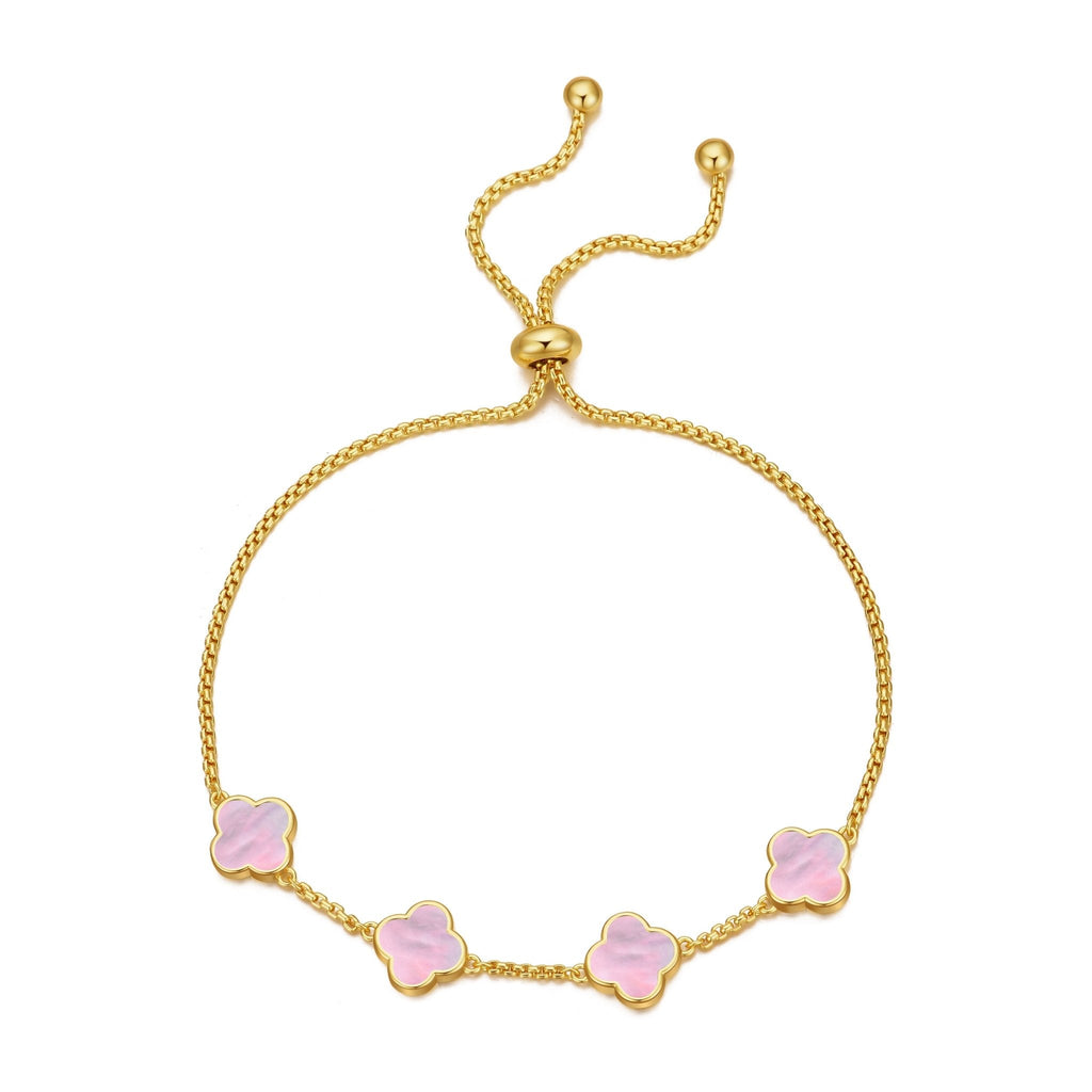 18k Gold Plated Pink Mother Of Pearl Multi Clover Friendship Slider Bracelet