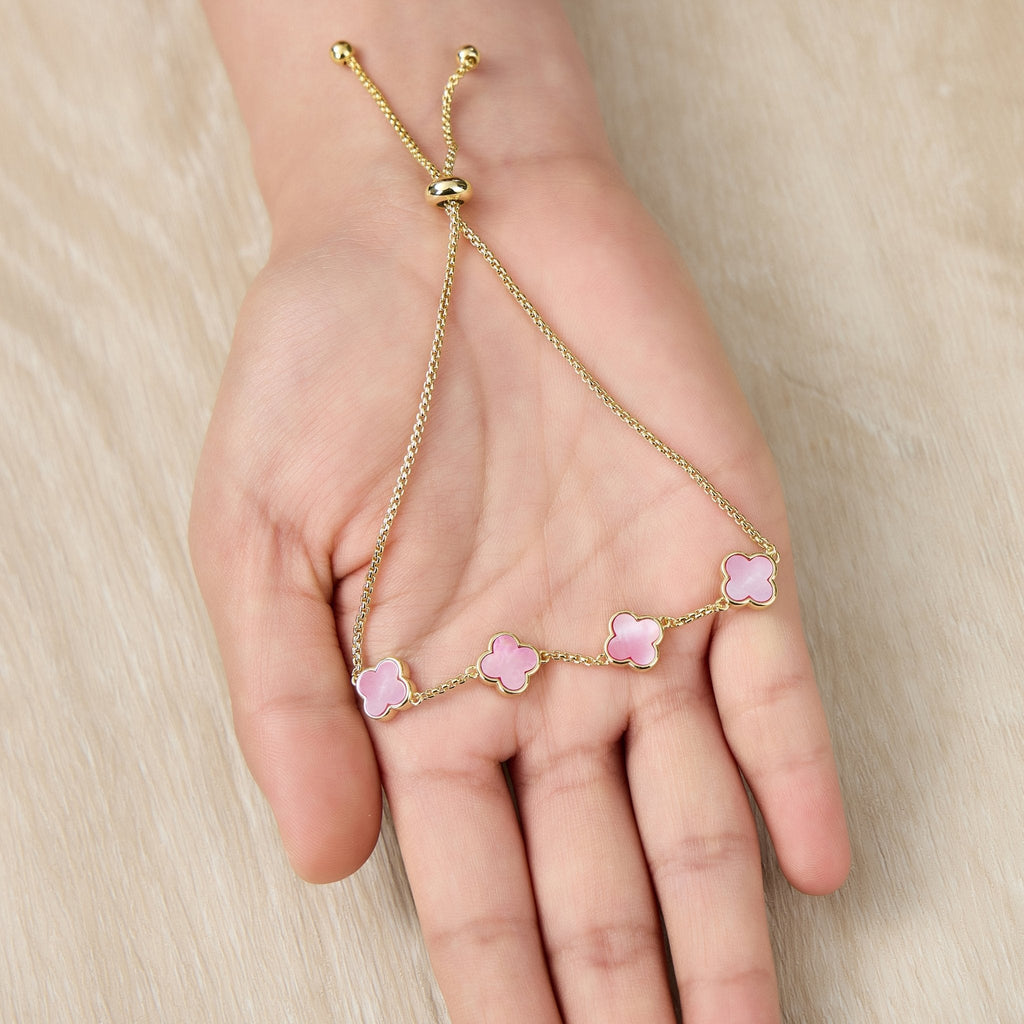 18k Gold Plated Pink Mother Of Pearl Multi Clover Friendship Slider Bracelet