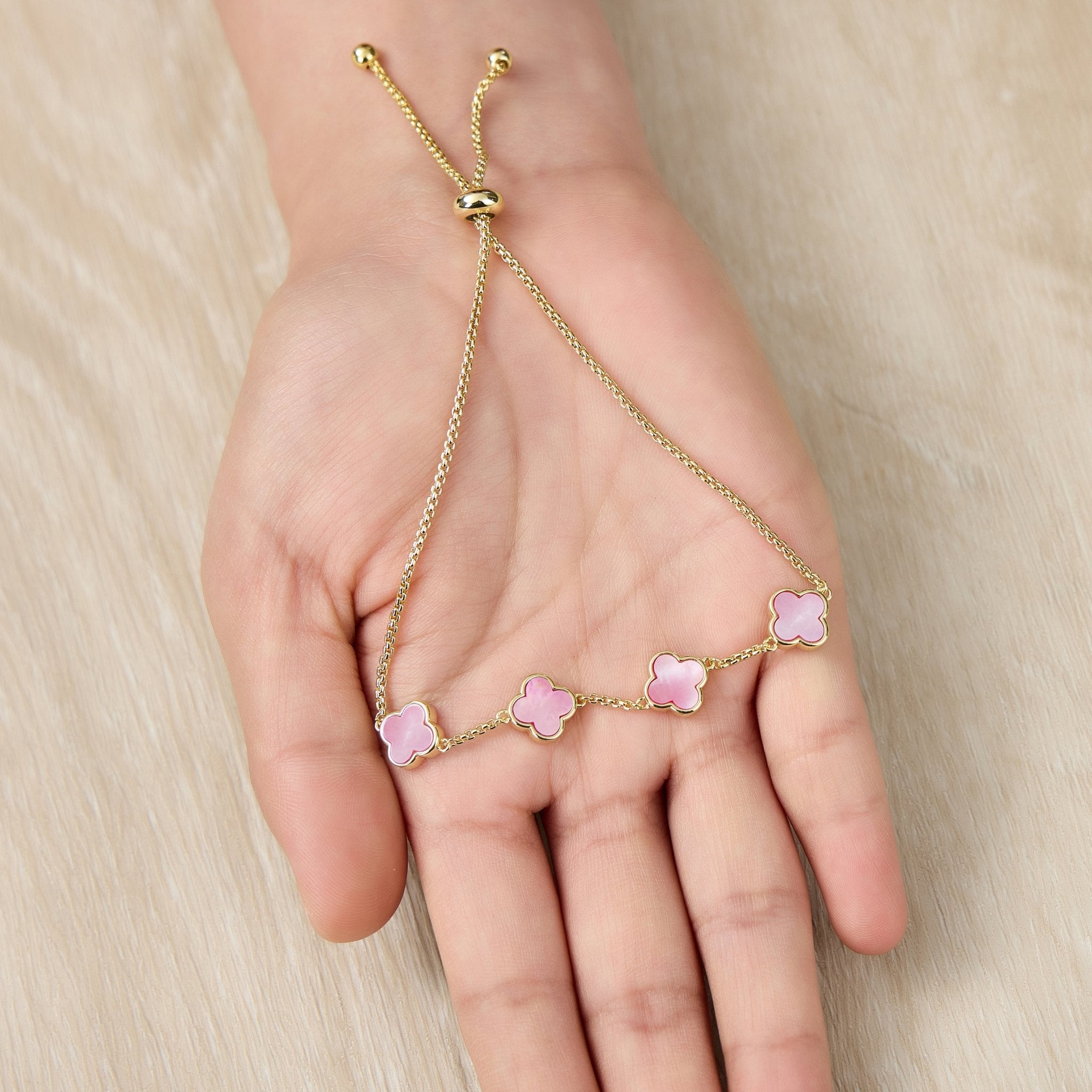 18k Gold Plated Pink Mother Of Pearl Multi Clover Friendship Slider Bracelet