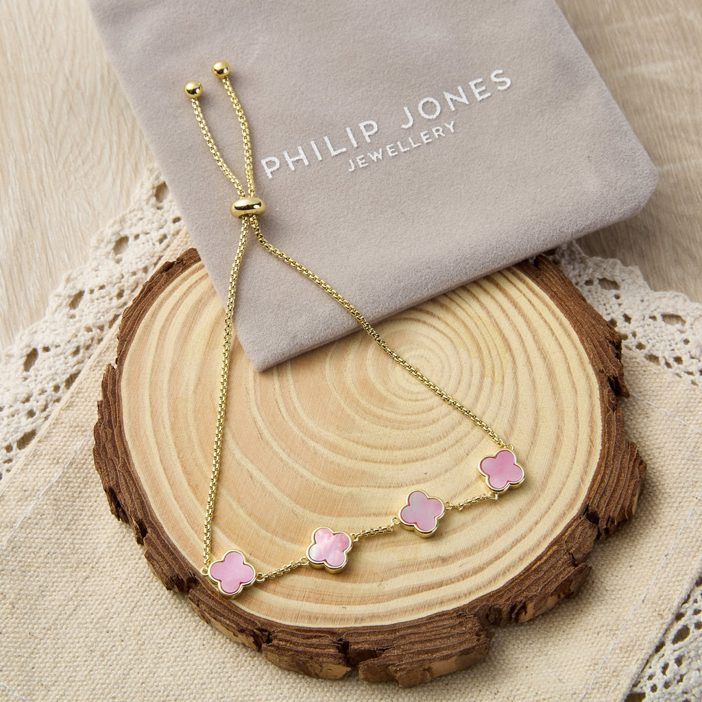 18k Gold Plated Pink Mother Of Pearl Multi Clover Friendship Slider Bracelet
