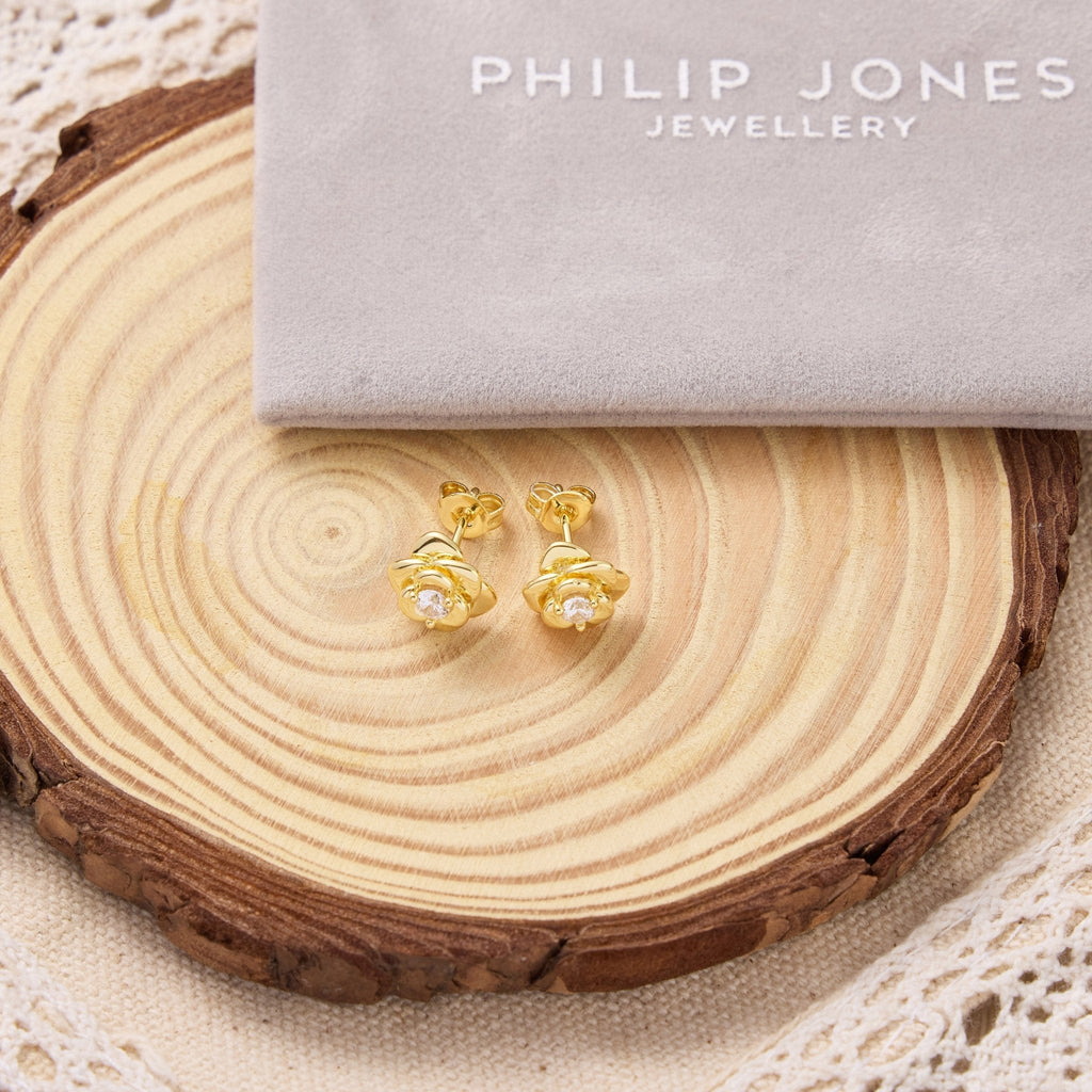 18k Gold Plated Rose Earrings Created with Zircondia® Crystals