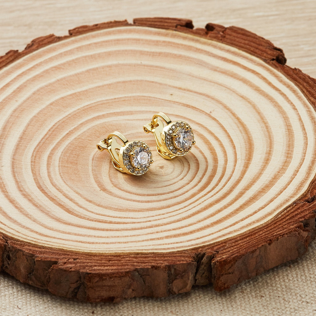 18k Gold Plated Round Halo Clip On Earrings Created with Zircondia® Crystals