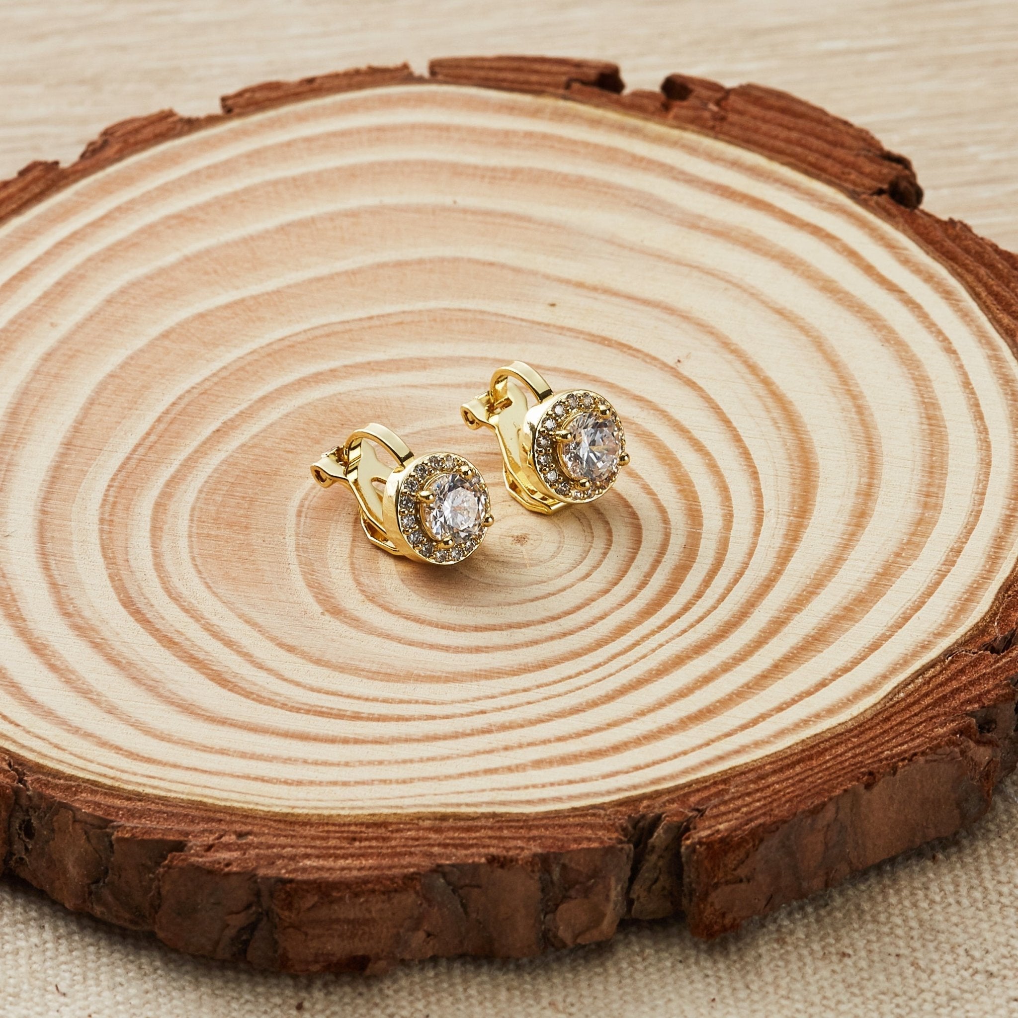 18k Gold Plated Round Halo Clip On Earrings Created with Zircondia® Crystals