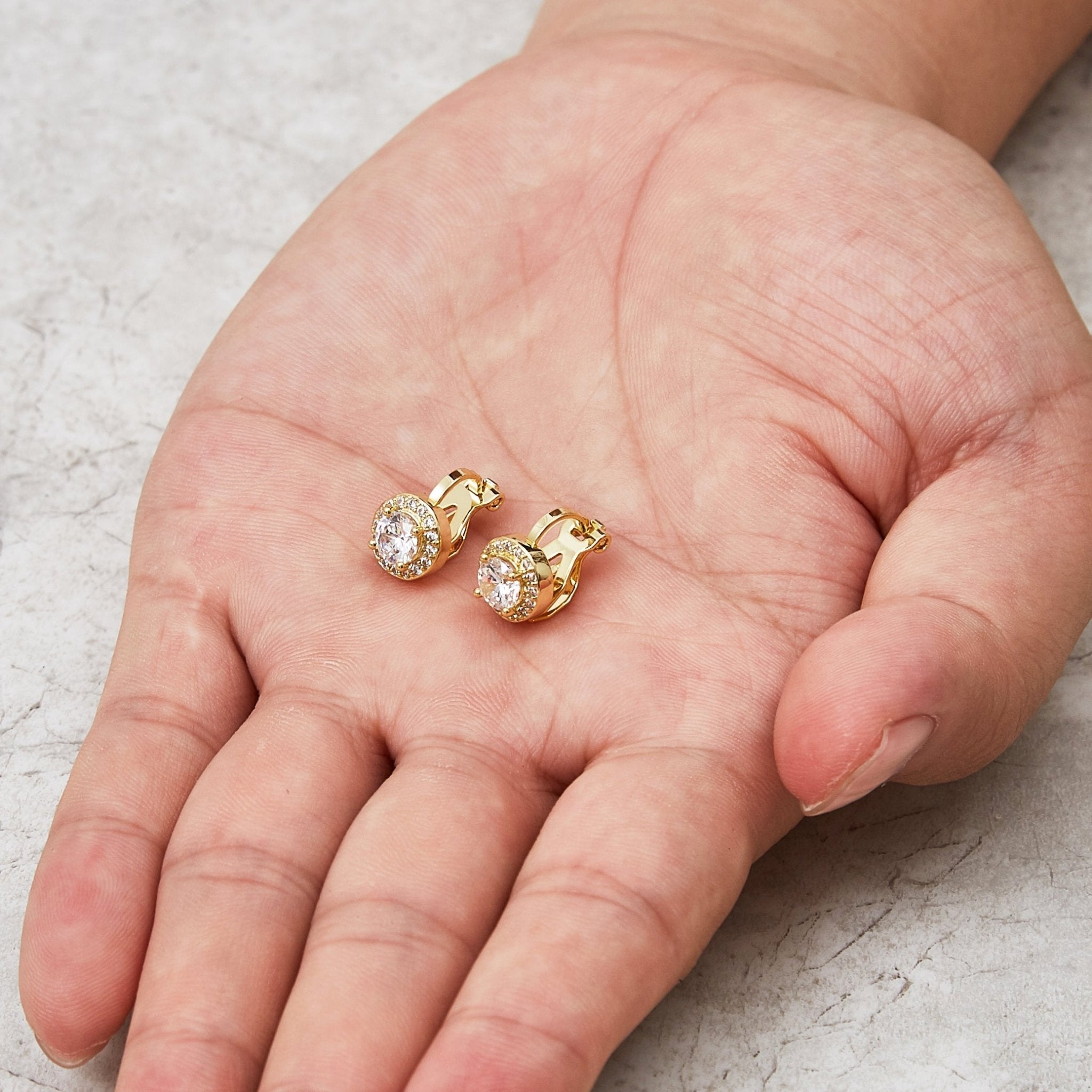 18k Gold Plated Round Halo Clip On Earrings Created with Zircondia® Crystals