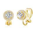 18k Gold Plated Round Halo Clip On Earrings Created with Zircondia® Crystals