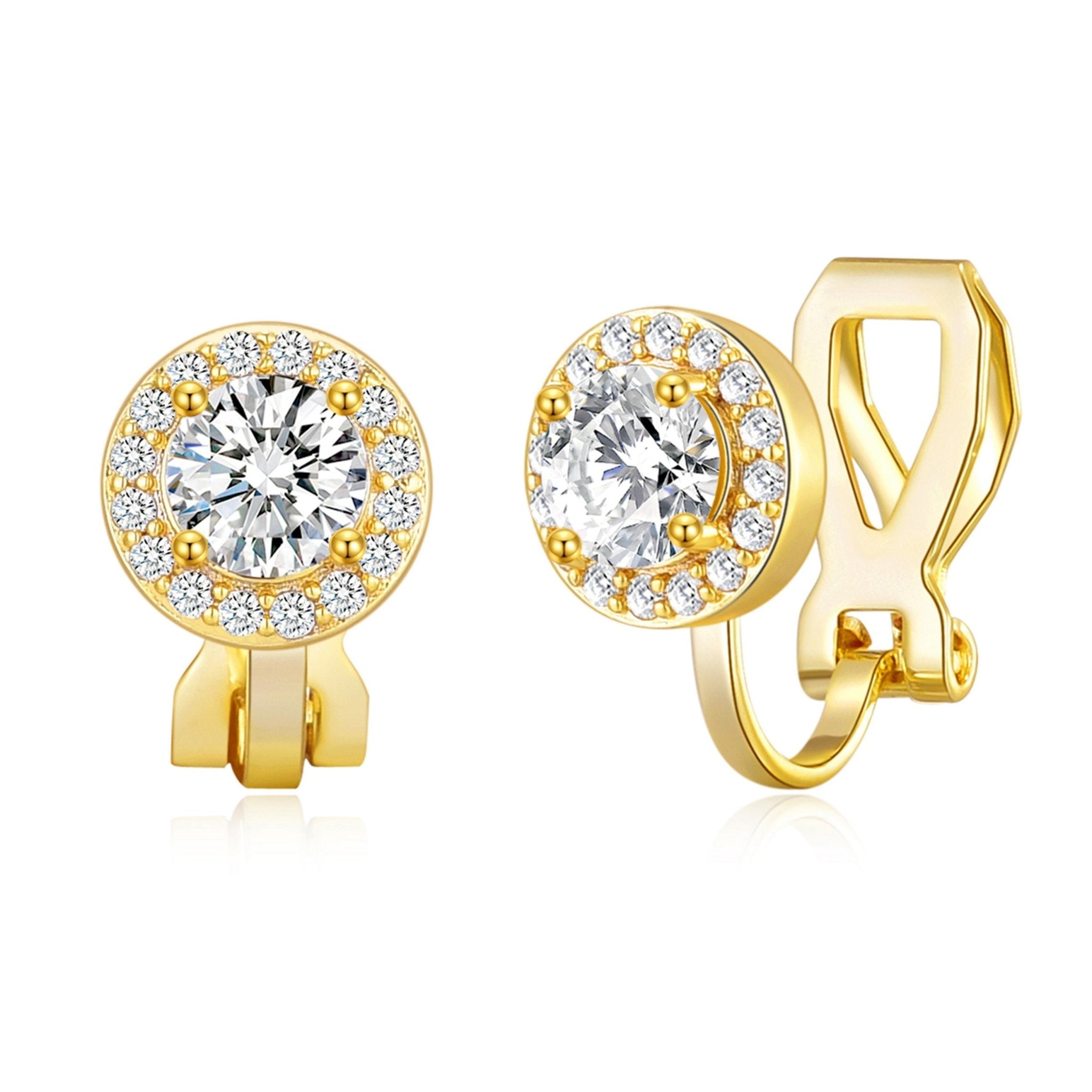 18k Gold Plated Round Halo Clip On Earrings Created with Zircondia® Crystals