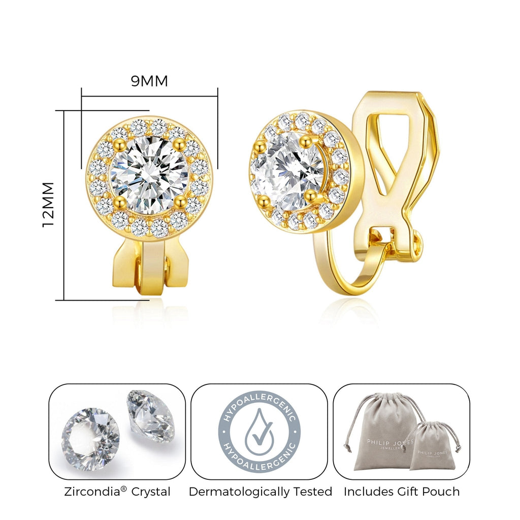 18k Gold Plated Round Halo Clip On Earrings Created with Zircondia® Crystals