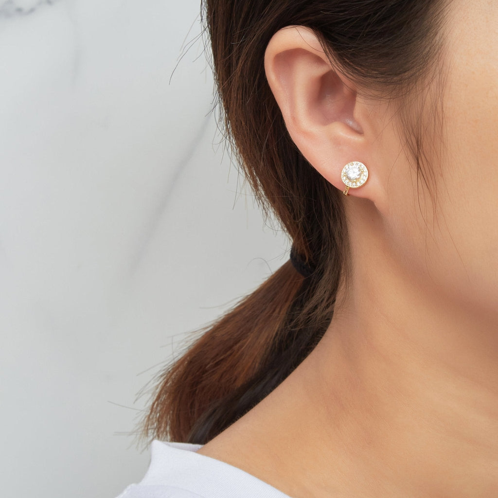 18k Gold Plated Round Halo Clip On Earrings Created with Zircondia® Crystals