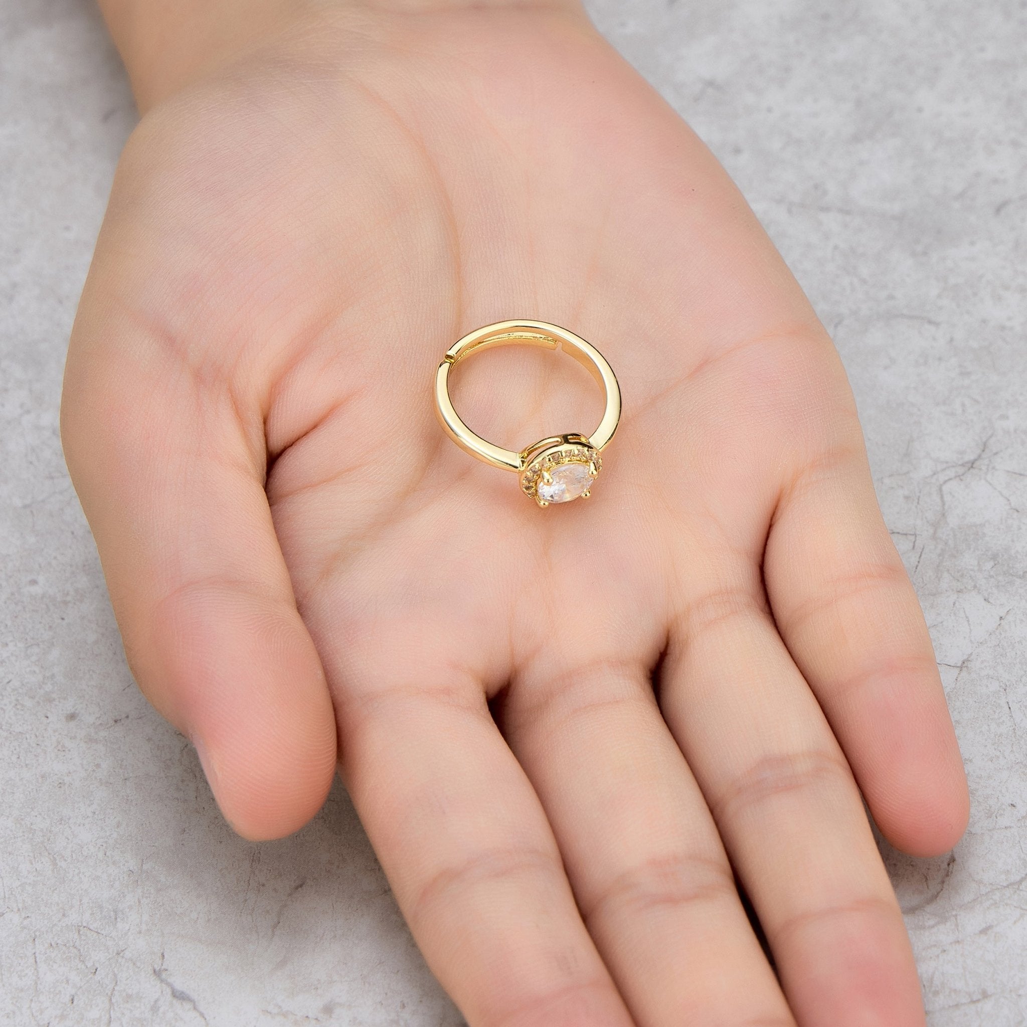 18k Gold Plated Round Halo Adjustable Ring Created with Zircondia® Crystals