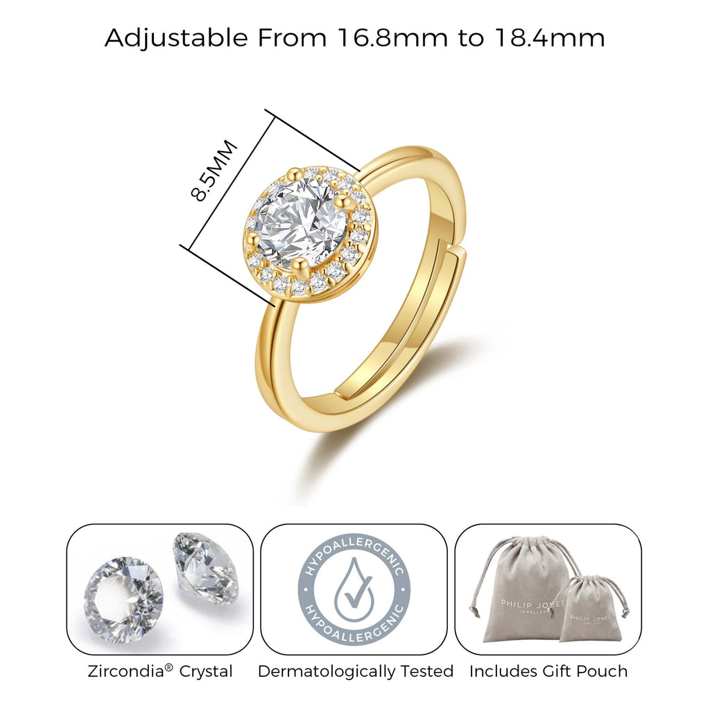18k Gold Plated Round Halo Adjustable Ring Created with Zircondia® Crystals