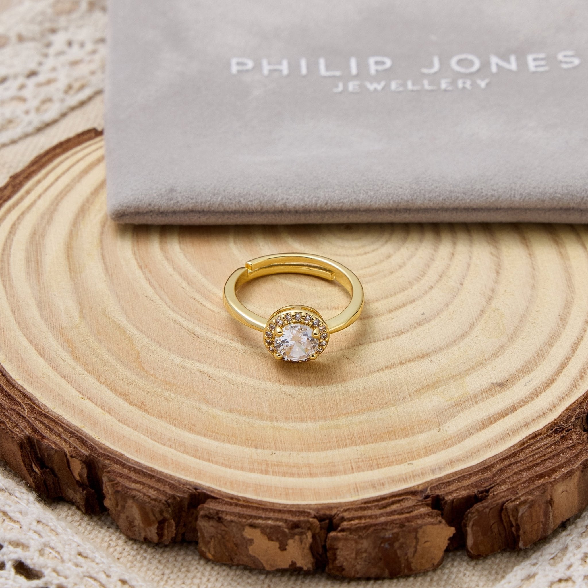 18k Gold Plated Round Halo Adjustable Ring Created with Zircondia® Crystals