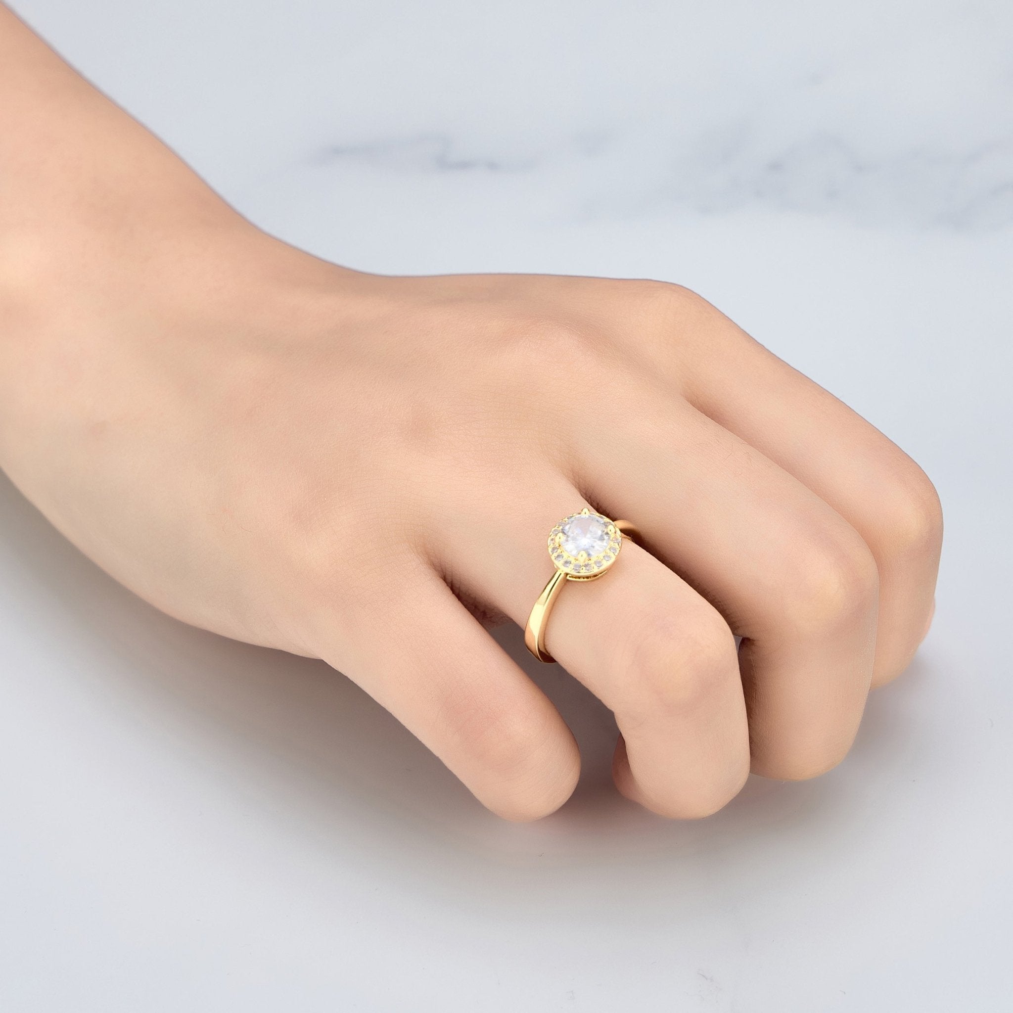 18k Gold Plated Round Halo Adjustable Ring Created with Zircondia® Crystals